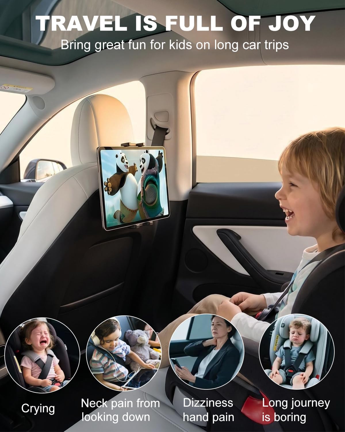 Tesla Back Seat Tablet Holder, Model 3/Y Headrest Tablet Mount with Metal Ball Head, Model Y Rear Seat iPad Mount, Compatible iPad Pro 12.9, Air, Mini, Galaxy Z Fold, Fire HD, 4-13" Tablets image 4
