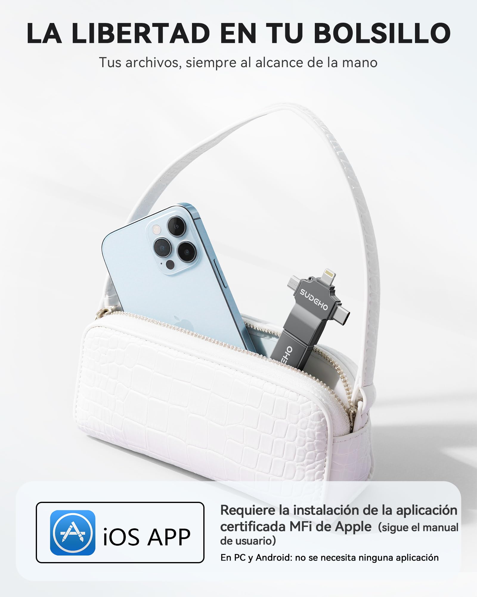 Memoria USB 128GB para iPhone con certificación MFi, Memoria Externa 4-en-1 USB 3.0 de Alta Velocidad, Pendrive iPhone para lPhone/iPad/Android/PC/Mac, USB para Fotos, Vídeos y Música, Negro