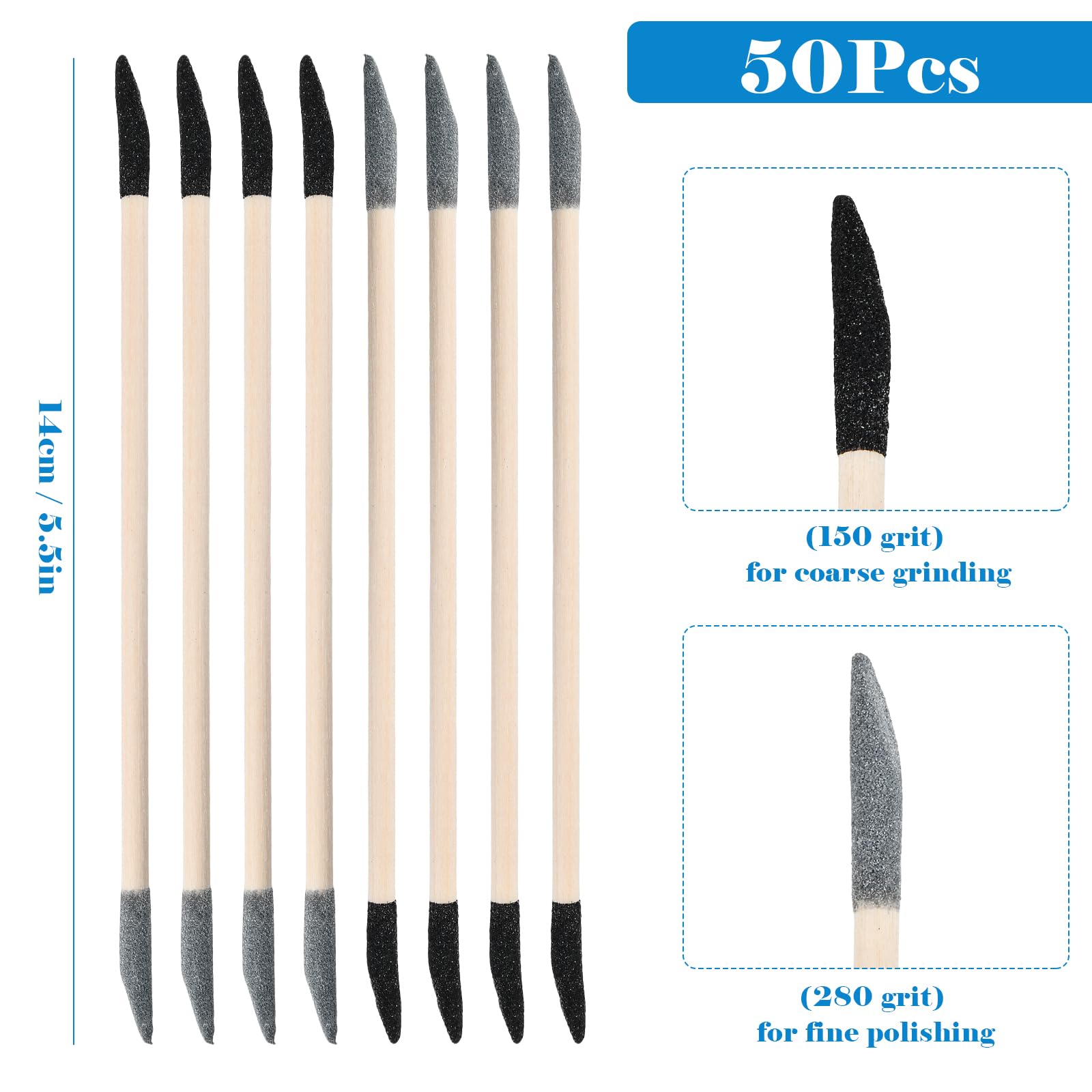 Juego de 50 Piezas Bastones de Lijado, Palo de Lijar 2 en 1, para Modelismo, Carpintería y Diseño de Uñas con Granularidad de 150 Negro y 280 Gris