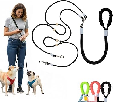 Hands Free Dog Leash, Double Leash for 2 Dogs, Crossbody Wear with Adjustable Length Split Leads and Padded Handles