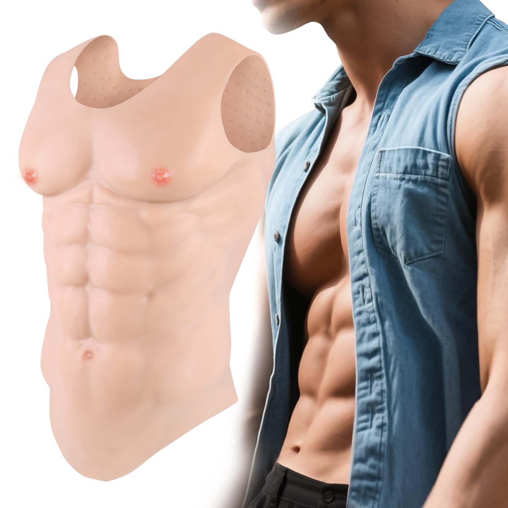 YEEFAIRY Weighted Muscle Suit Vest Realistic Silicone Fake Abs Chest Armour Unisex Bodybuilding Fancy Dress Costume for Theatre Actor Halloween Men & Women LARP Cosplay (Ivory White, L Size)