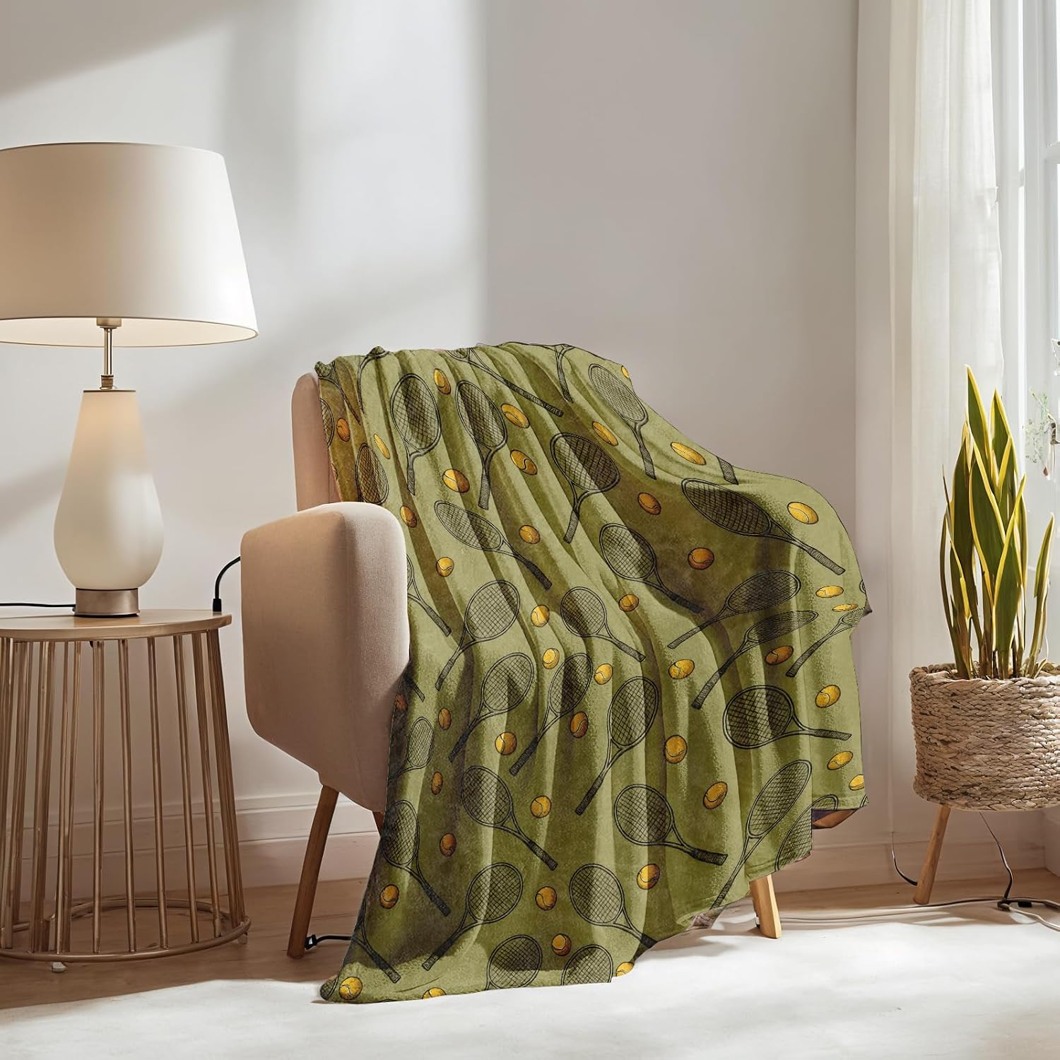 Tennis Blanket Gifts for Boys Girls Kids, Vintage Rackets and Yellow Tennis Balls Warm Soft Flannel Throw Blankets for Travel, Sofa, Room, Bedroom Birthday Christmas Spring Decor, 50x60 in
