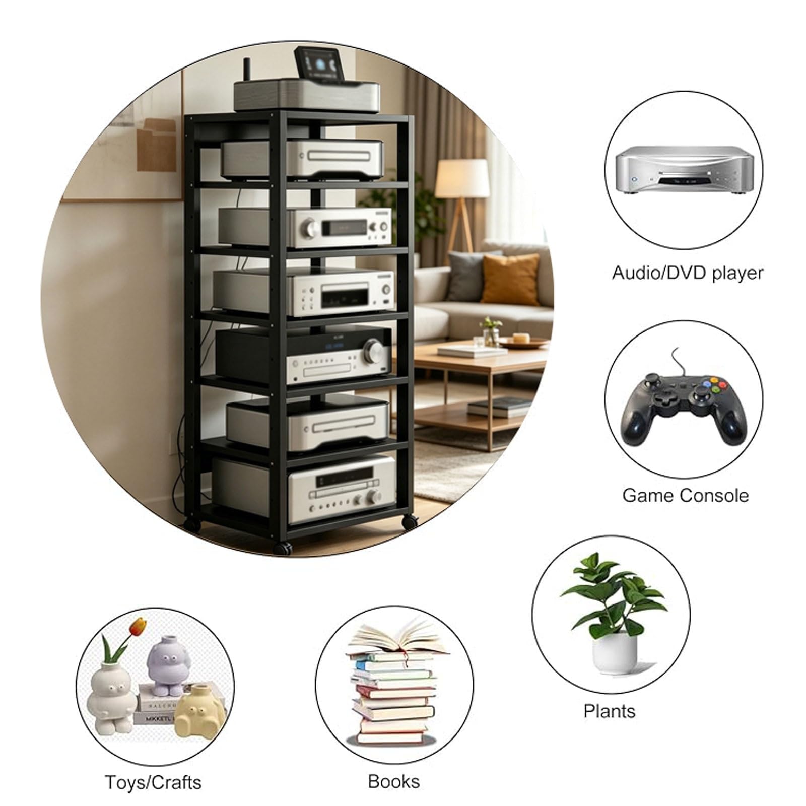 Estante for componentes de Audio de Alta Resistencia, Estante móvil for Multimedia con Ruedas, Soportes y Racks for Equipos de Sonido, Ideal for Salas de Juegos, grabación(Negro)