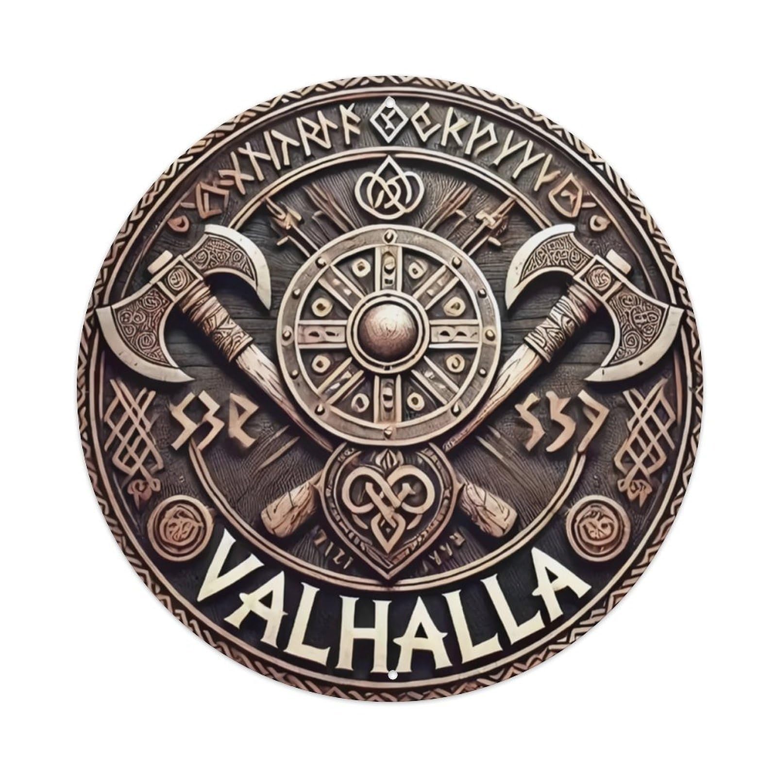 Ldfuieksufg Style Round Vintage Viking Axe Runes Valhalla Metal Wall Sign Vintage Aluminium Metal Sign, Retro Wall Decor For Home, Bar, Garage & Farmhouse 20X20cm