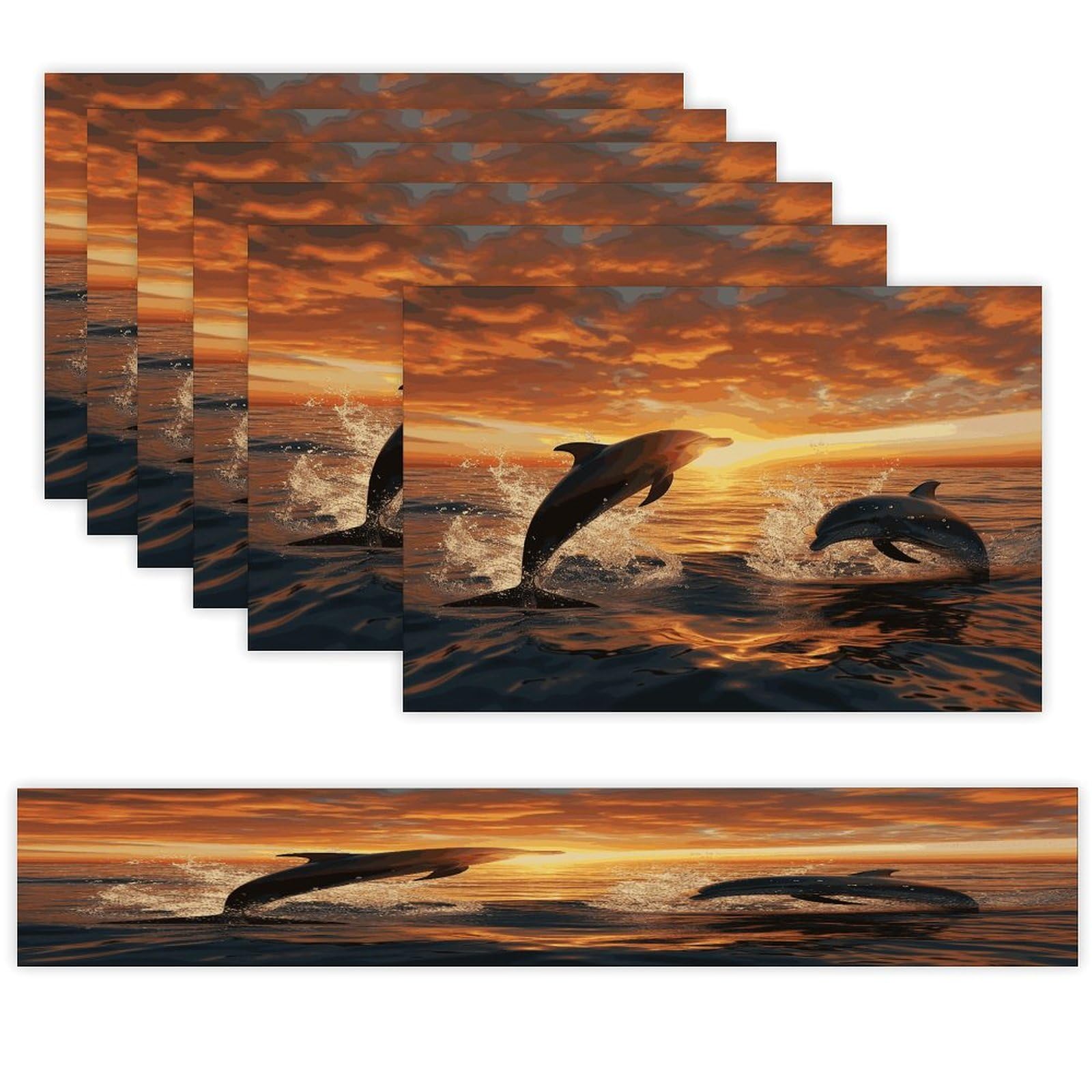 Dolphins Jumping Out of The Water at Sunset Table Runner And Placemats Set of 6 for Kitchen Washable Table Mats Heat Resistant Place Mats Non-Slip Place Mat Wipeable Placemat(6 Placemats+1 Table Runne