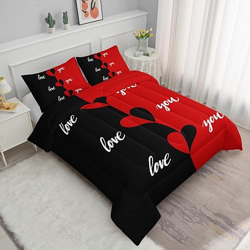 Miniatura 2 de Axolotl Mr Mrs - Juego de edredón individual, juego de ropa de cama negro y rojo, edredón para él y ella, ropa de cama romántica, regalos de boda