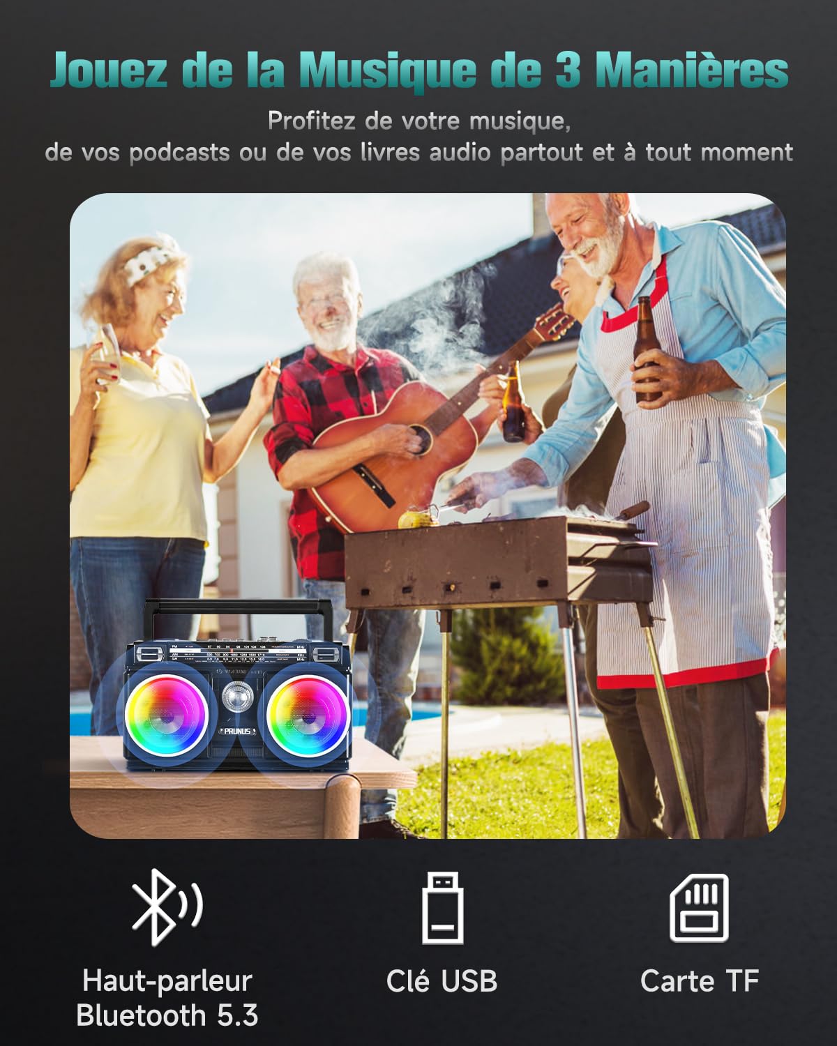 Poste Radio Portable, PRUNUS J-750 AM/FM Radio Portable Rechargeable avec Panneau Solaire, Excellente Réception, 1800mAh Transistor Radio Bluetooth, Support MP3/WAV/WMA