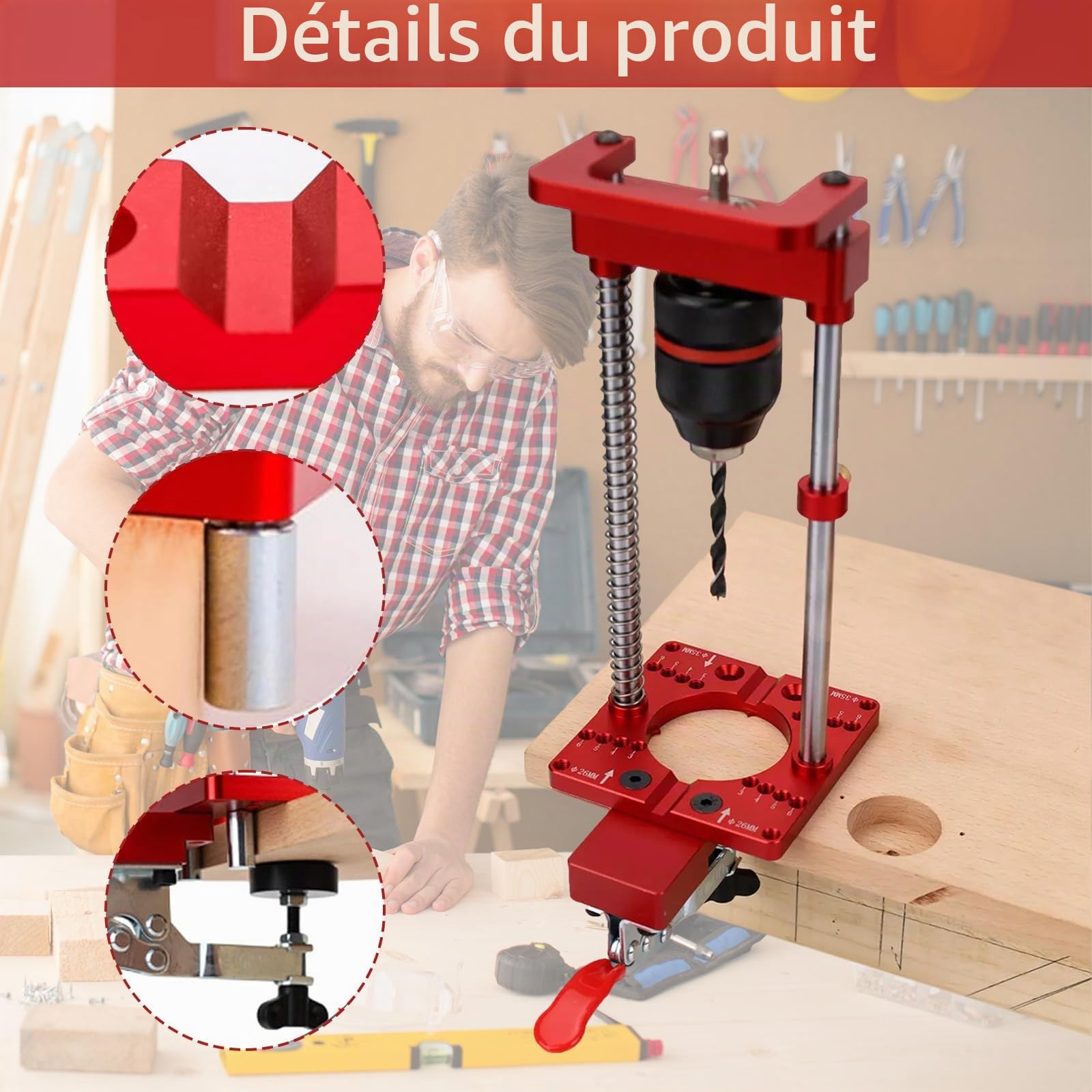 Support de Perceuse à Colonne, Guide de Perçage Portable Localisateur de Charnière de Support de Perçage Support de Perceuse à Main avec Mandrin à clé échelle Réglable pour Perceuse