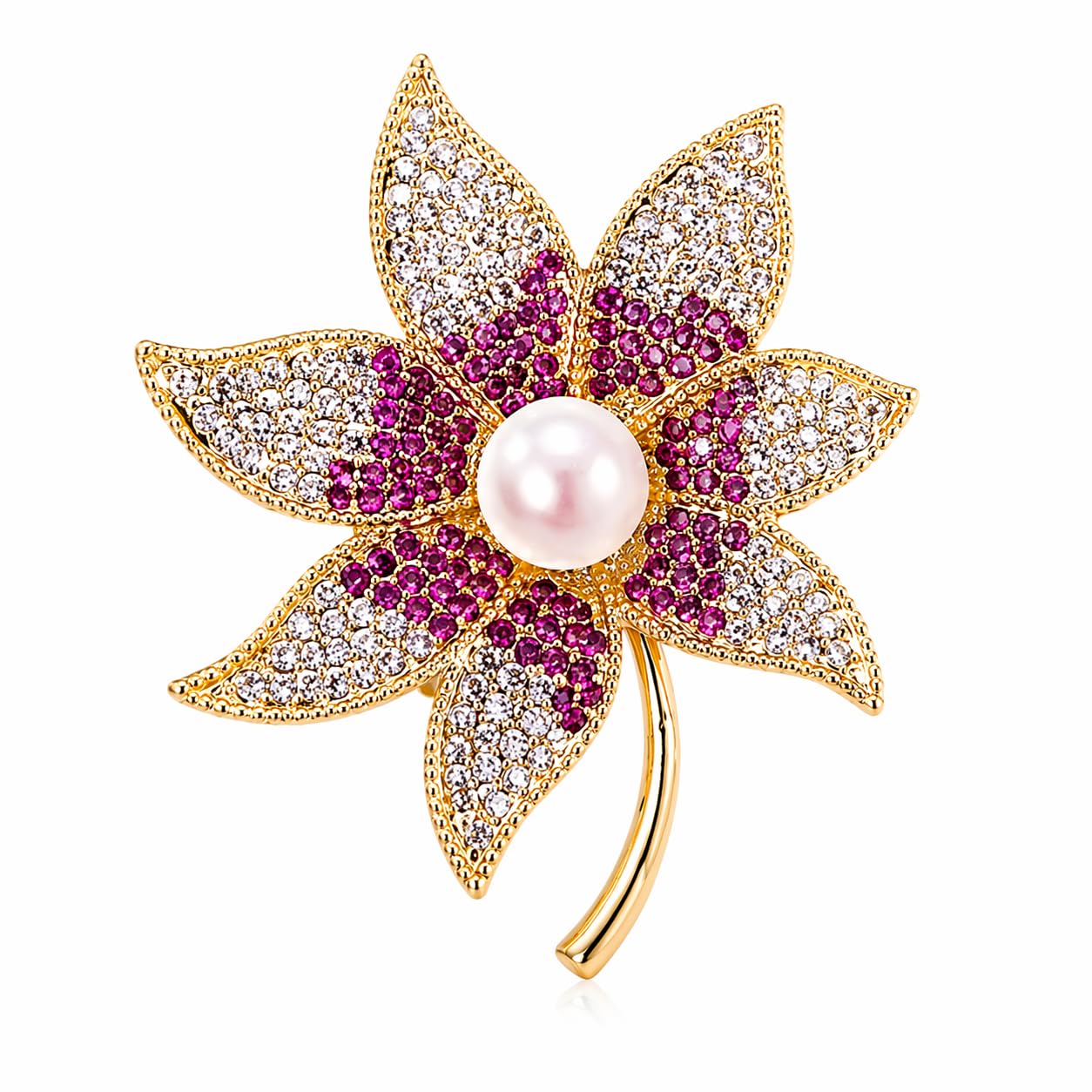 Luxury Flower Brooch for Women | Gold Crystal & Pink Stone Pearl Brooch Pin | Designer Saree Brooch for Dress, Coat, Blazer | Wedding & Party Jewelry-image-24