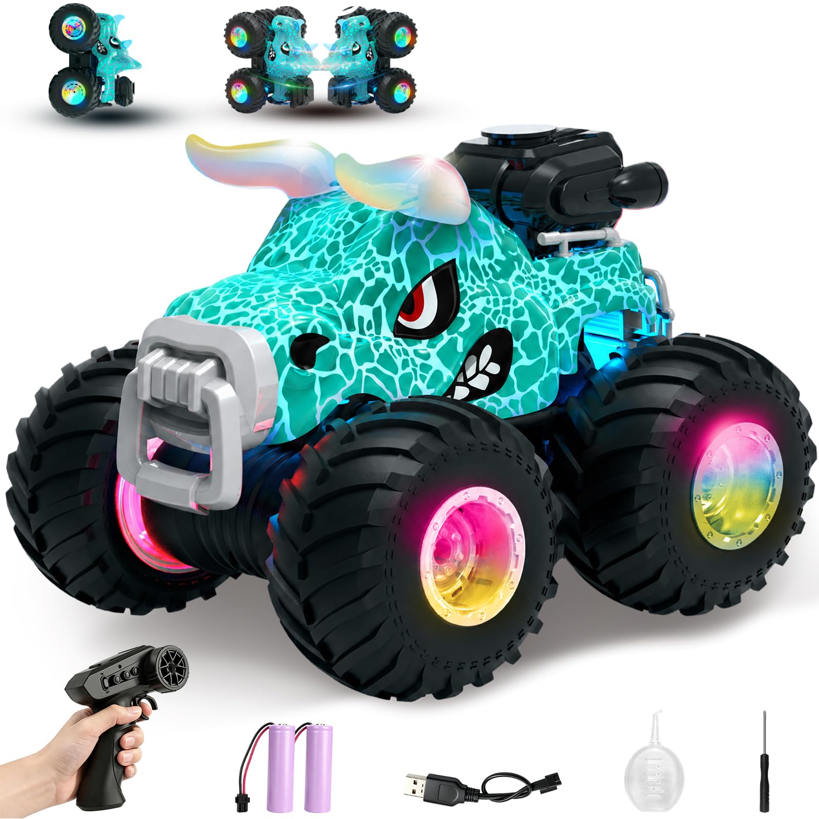 HengLiSam Kids Monster Truck Toys with LED Light, Music and Spray, Green