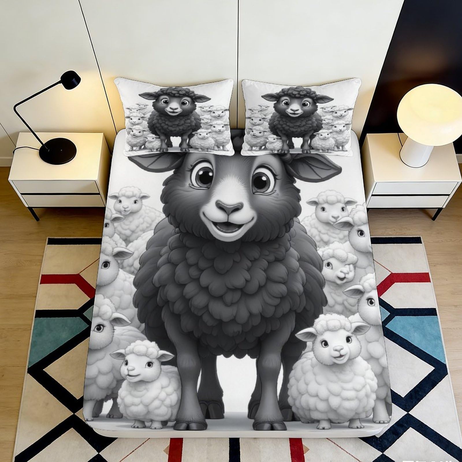 3D Printed Black Sheep Pattern Fitted Sheet Microfiber Soft Breathable Cartoon Lamb Bed Cover for Bedroom Dormitory Guest Room Mattress Protection 180x200x25cm