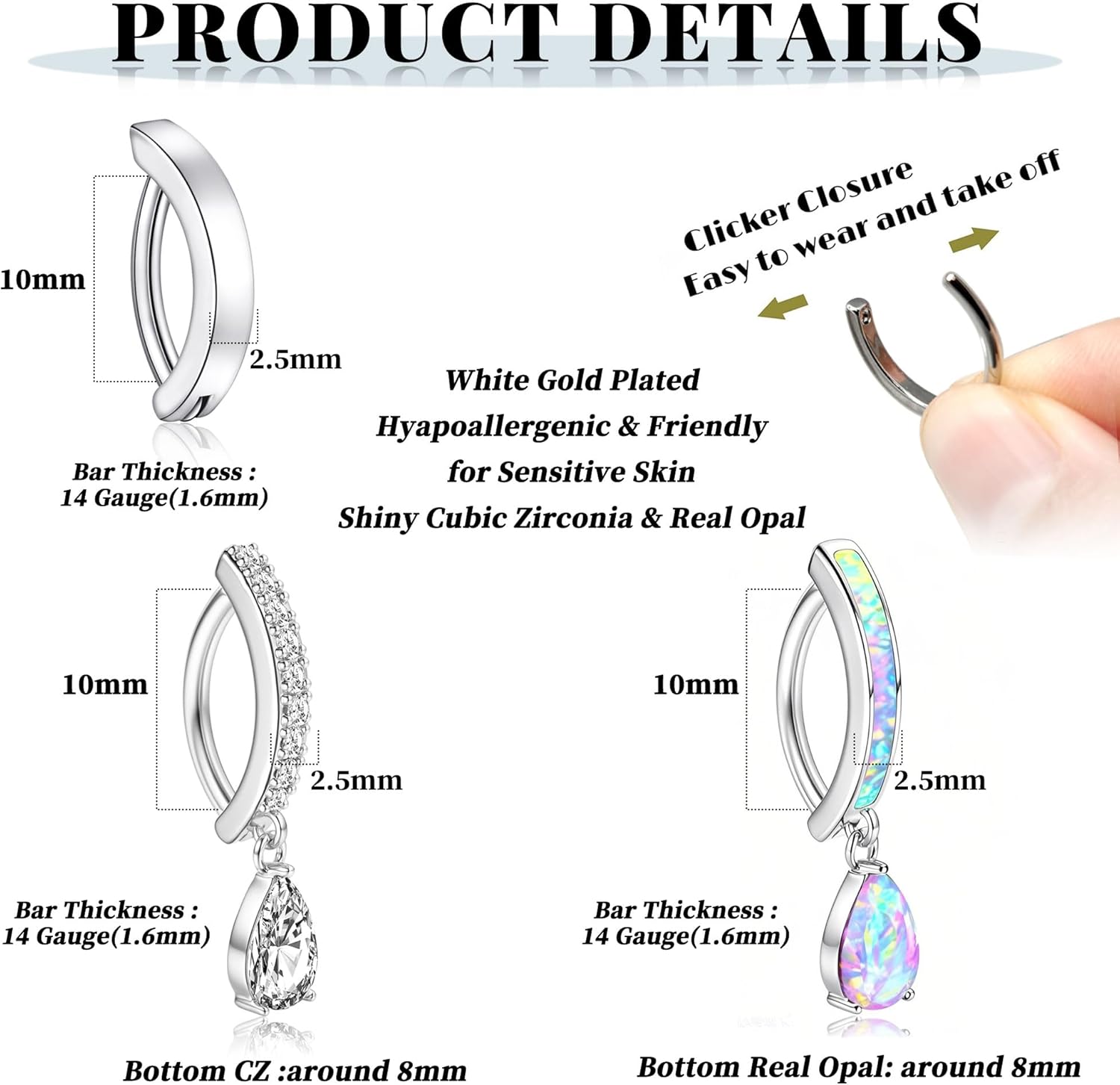 3pcs 14G Dangle Belly Button Ring for Women Hypoallergenic 316L Surgical Stainless Steel Navel Rings Cubic Zirconia Opal Body Piercing Jewelry - Image 2