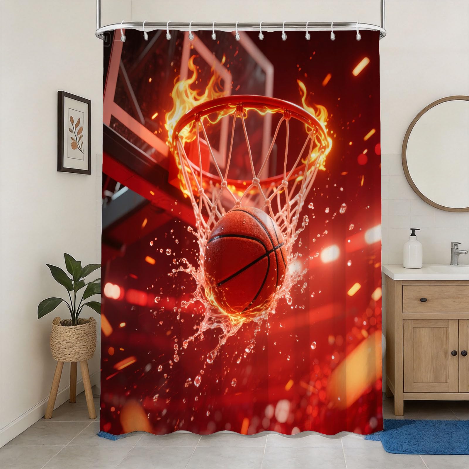 Hongduo 3D Flame Basketball Shower Curtain for Stalls Bathtubs Cool Bathroom Decor Shower Curtain Set Polyester Fabric Waterproof 200x200cm/79X79 Inch with Hooks