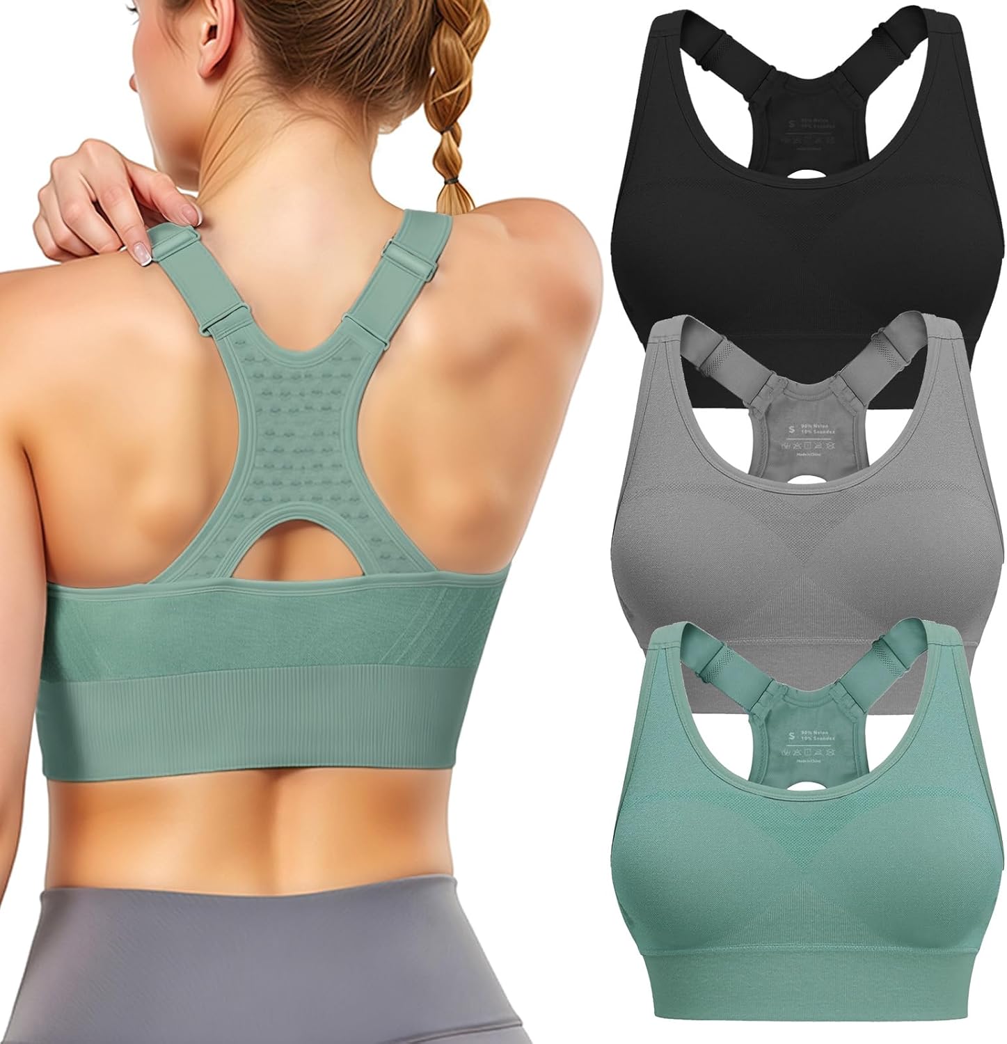 Adjustable Sports Bras for Women: 3 Pack High Support Padded Racerback Sport for Large Bust Workout Running Gym Black/Grey/Green X-Large
