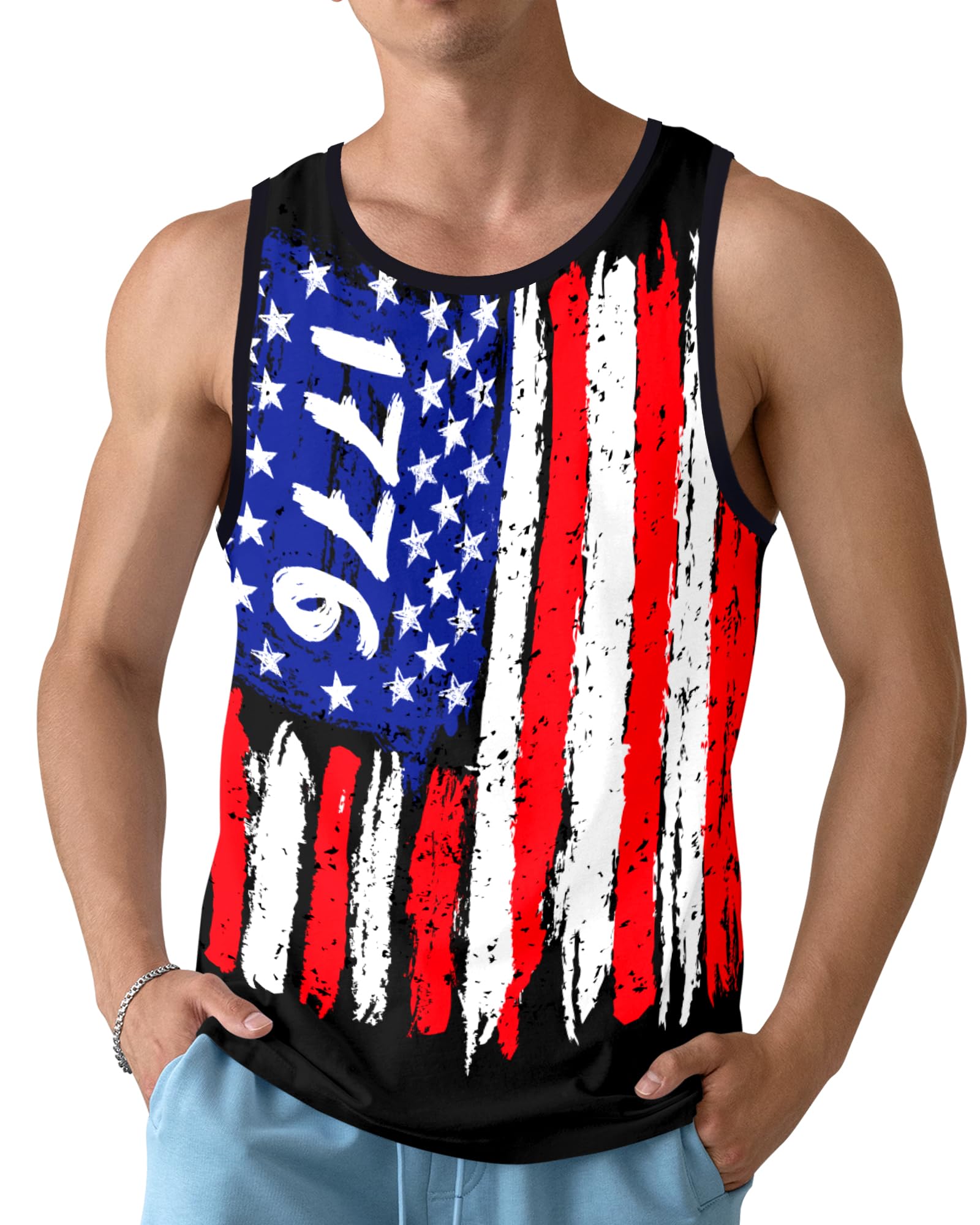 Mens Beach Tank Tops Sleeveless Shirts for Men Summer American Flag Print Graphic Mens Workout Gym Shirts Palm Tree Tops