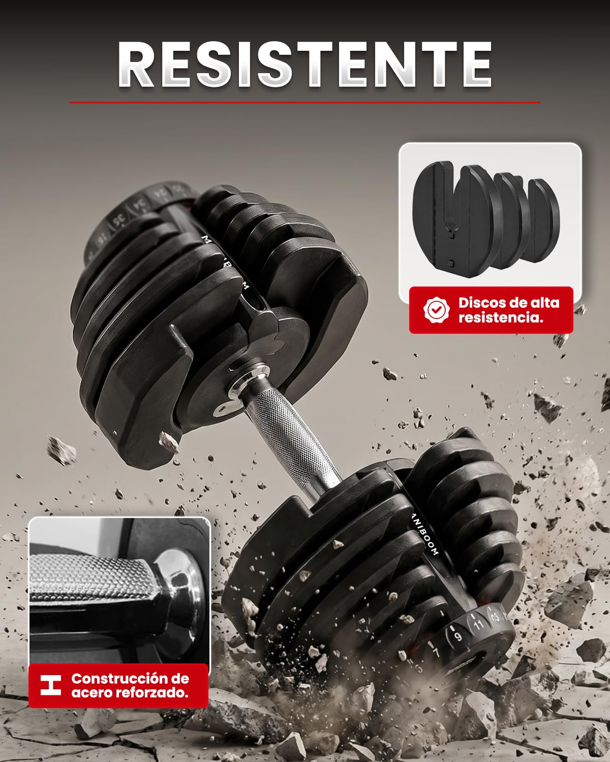 ManiBoom Mancuernas Ajustables, Mancuernas Regulables (2-24kg o 5-40kg), Pesas Ajustables con Discos de Acero Reforzado, Cambio de Peso en 1 Segundo y Doble Bloqueo, Gimnasio en Casa