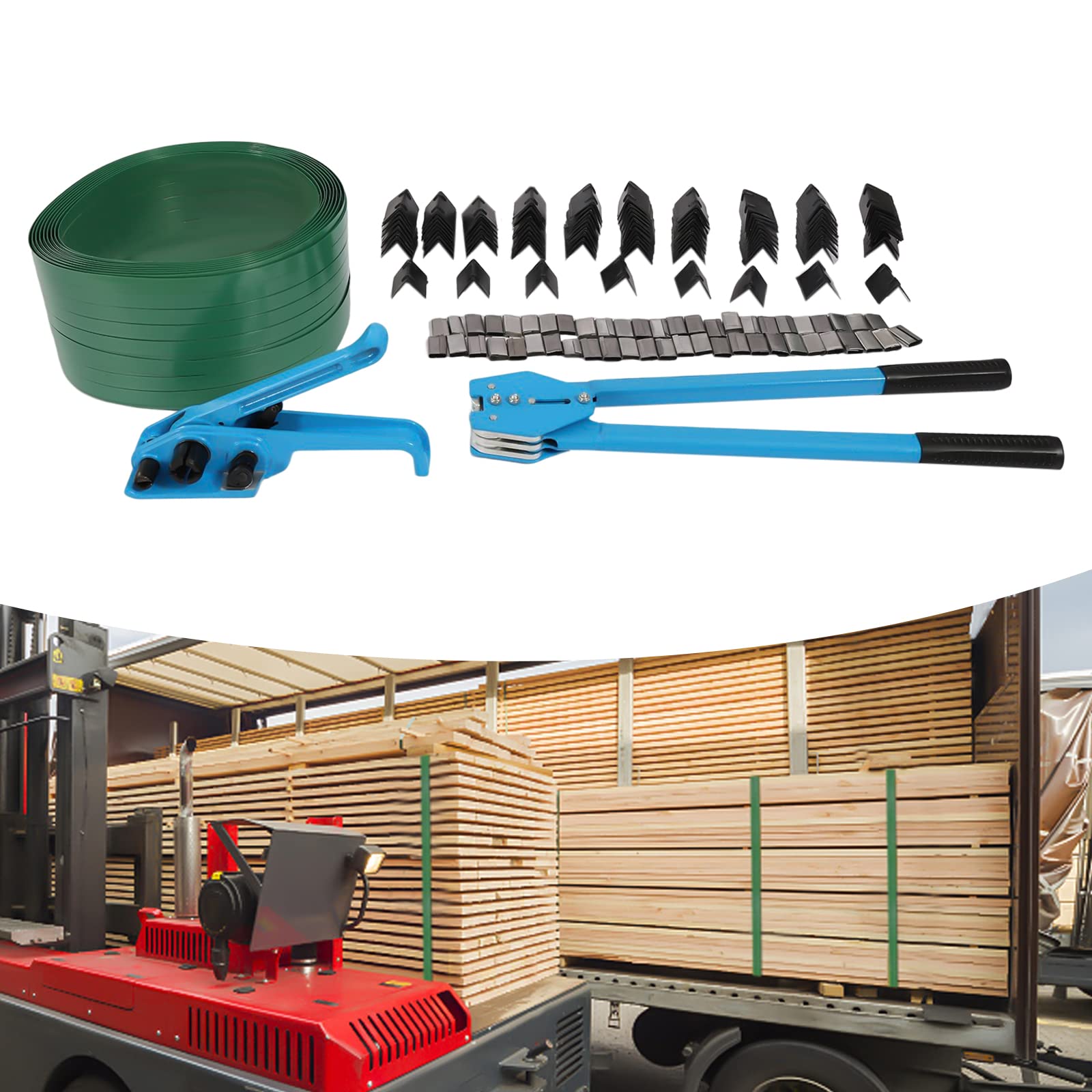 Set di reggette manuali, 1000 N, set di reggiette, set rotante, manuale, con nastro di imballaggio per nastri in plastica PET, blu