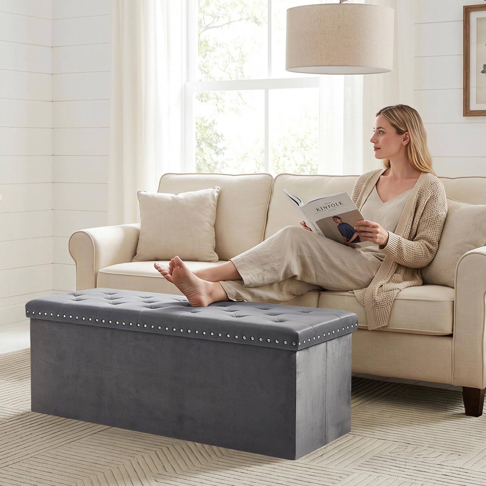 PINPLUS Klappbare Sitzbank mit Stauraum, Samt, 110x40x40 cm, Grau | Bettbank mit dickem Deckel, Truhenbank & Fußbank, große Aufbewahrung, platzsparend, für Wohnzimmer, Schlafzimmer, Diele