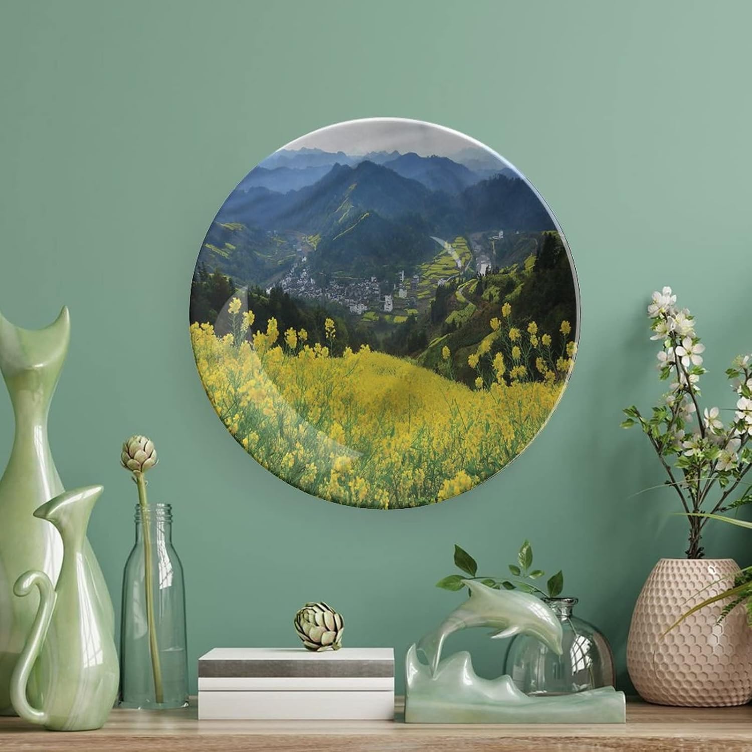 7 Inch Decorative Plate,Nature Round Porcelain,Flower Mountains Print Ceramic Wall Hanging for Fine Dining, Upscale Events, Dinner Parties, Weddings, Catering, Christmas, Thankgiving Decor, Muticolor image 5