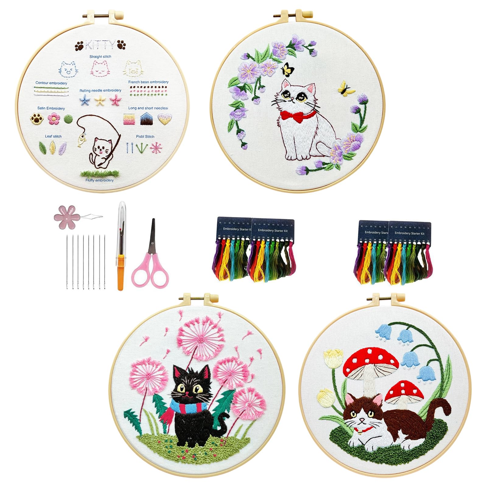 Shurhome Complete Embroidery Set with Cats Designs and Tool on Sturdy Canvas Ideal for Crafting Fun Embroidery Supplies