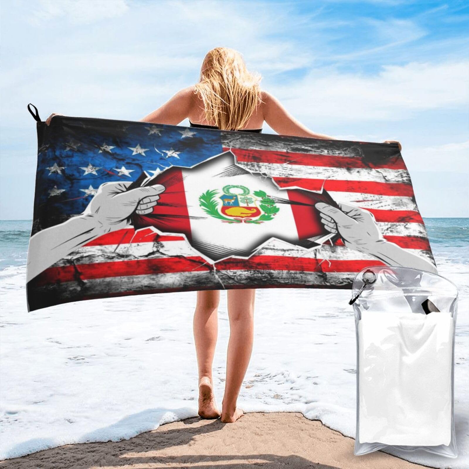 HACXZ American and Peru Flag Vintage Beach Towel Lightweight Absorbent Beach Towel Microfiber 27.5"X55"