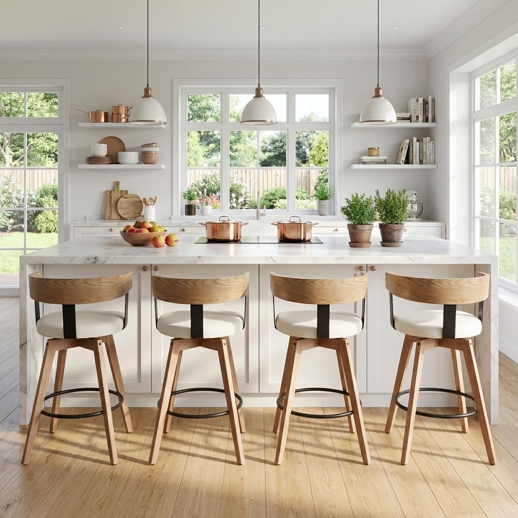 Ya-Home Mid-Century Bar Stool 1PC, 26 Inch Swivel Counter Height Stool Linen Fabric Barstool with Barrel Backrest Wooden Legs for Kitchen Island Dining Room, White