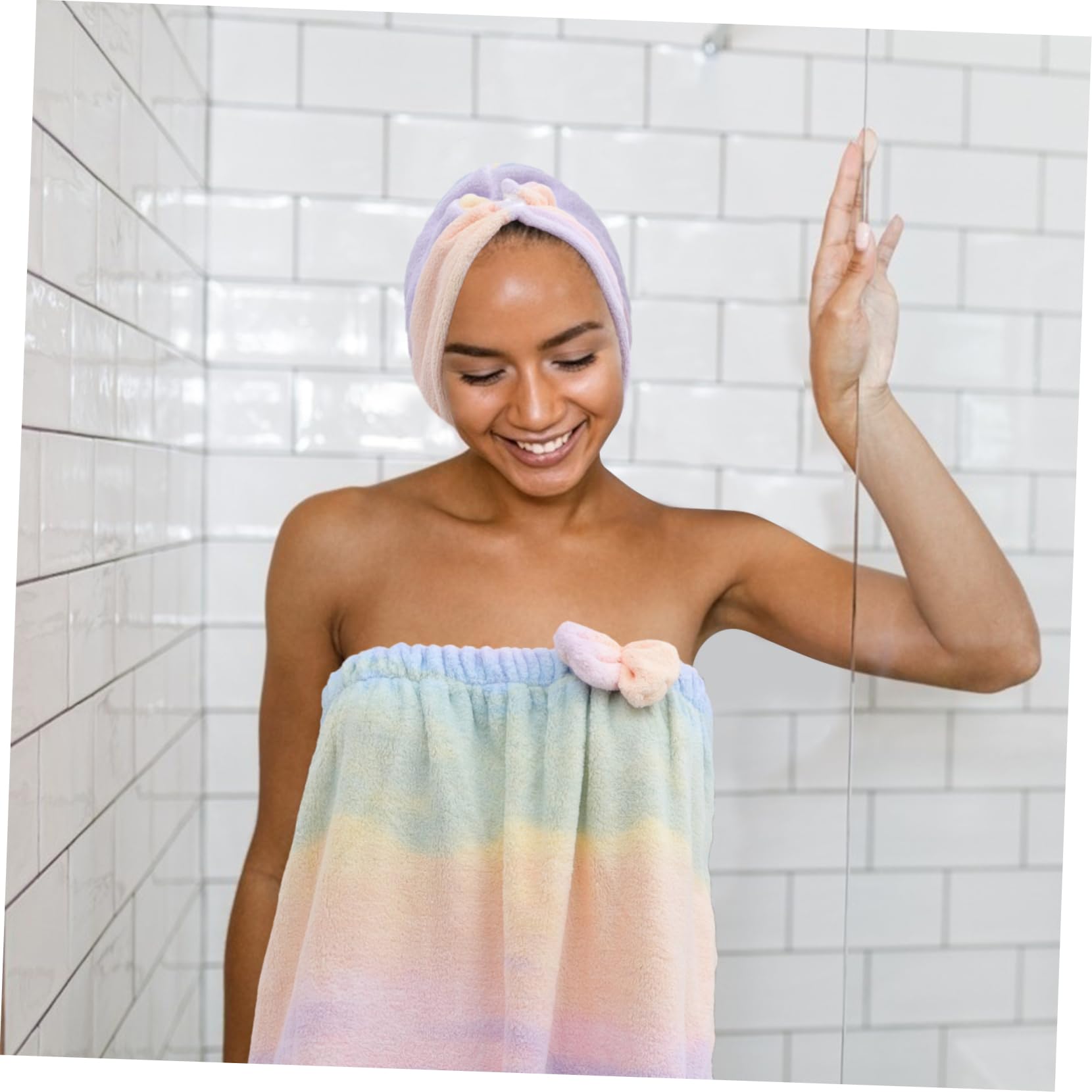 Turban Handtuch Satz für Damen Korallenvlies Atmungsaktiv Schnelltrocknend Knielang für Reise und Spa Baderock mit Hut