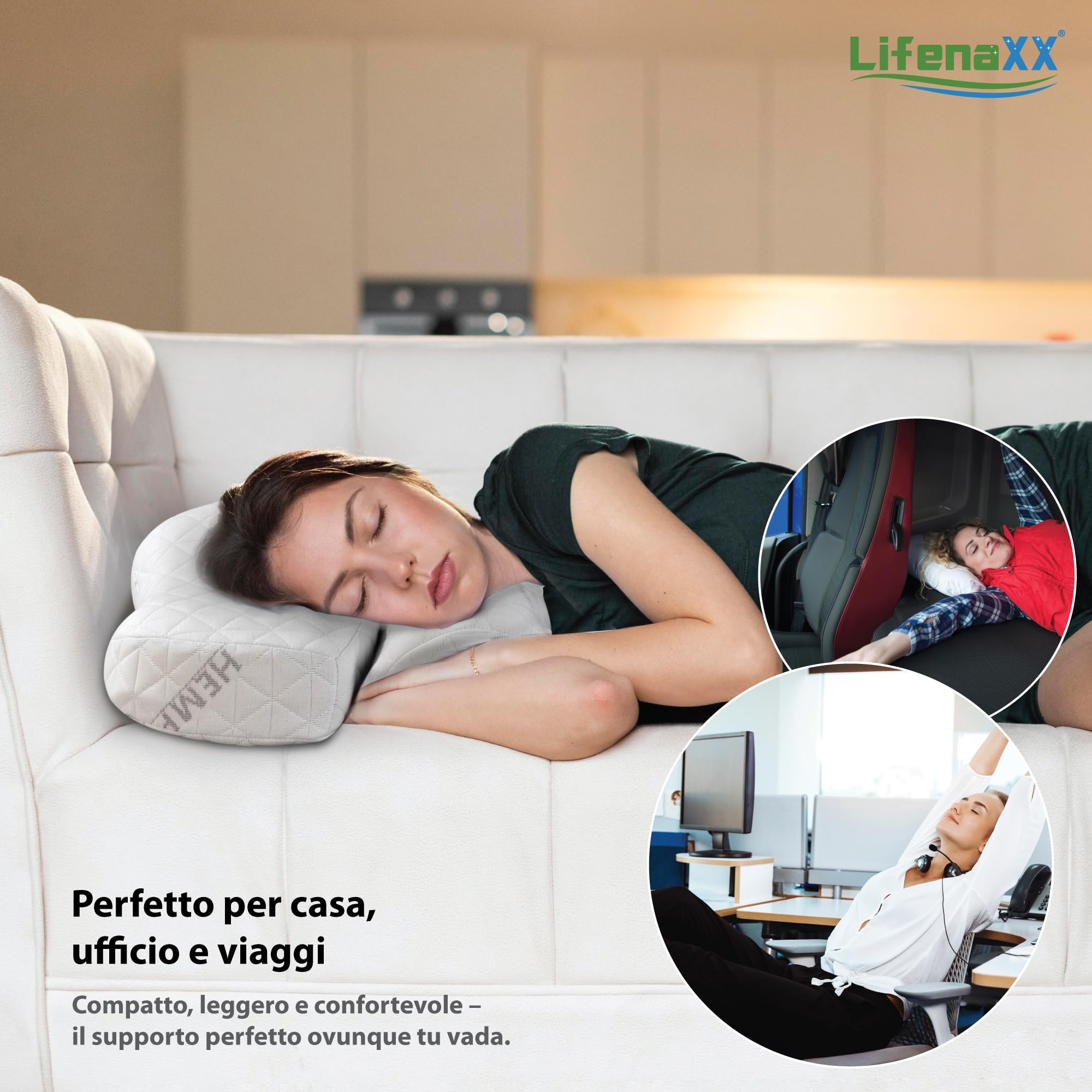 Lifenaxx Cuscino cervicale in canapa LX-053 – Cuscino ergonomico in memory foam con fodera rimovibile e lavabile – Supporto naturale per il collo, traspirante e confortevole