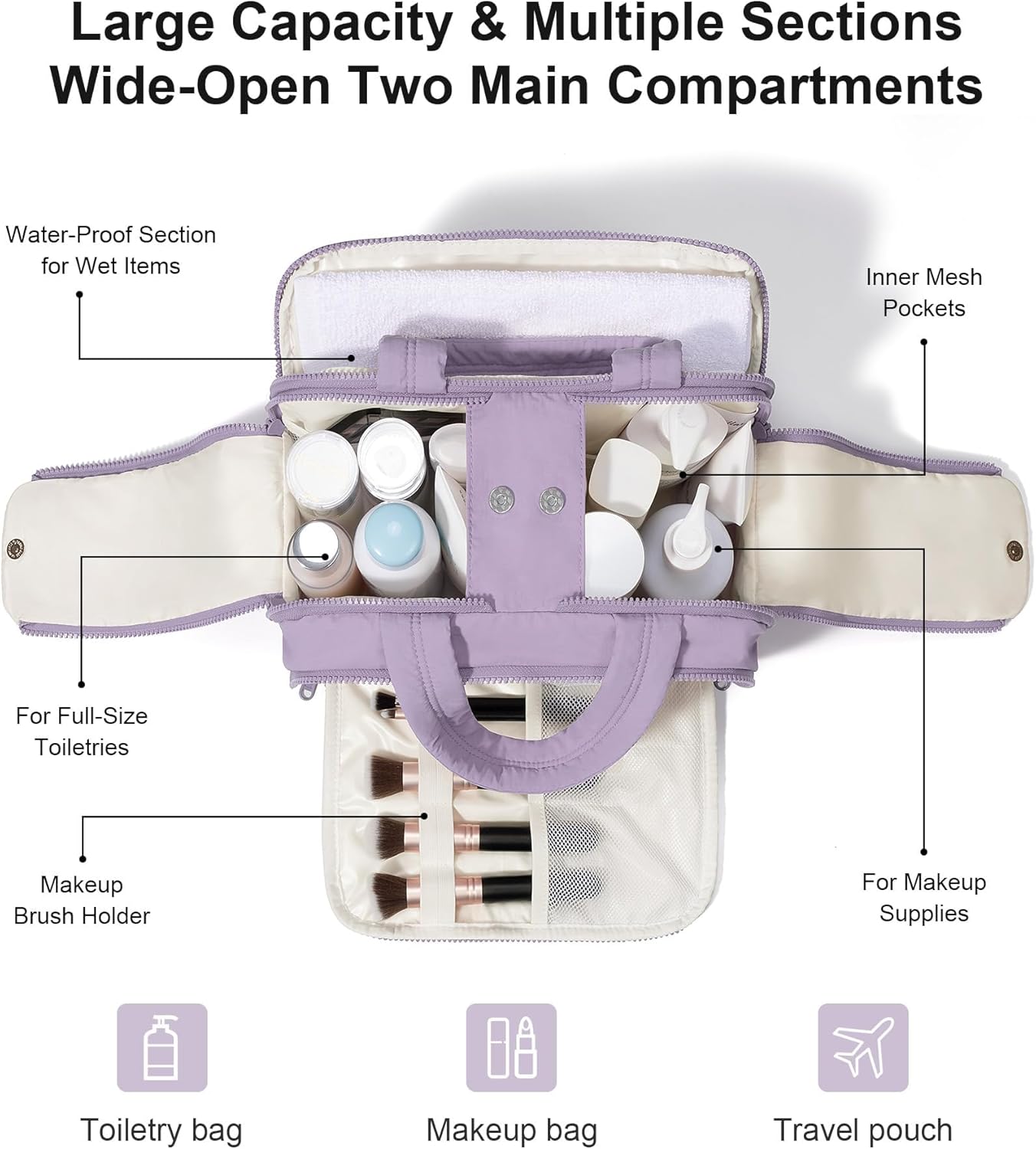 Travel Toiletry Bag, Large Wide-open Puffy Toiletry Bag for Women, Lightweight Quilted Makeup Bag Cosmetic Organizer with Handle Water-resistant Travel Essentials for Toiletries Accessories Lavender - Image 3