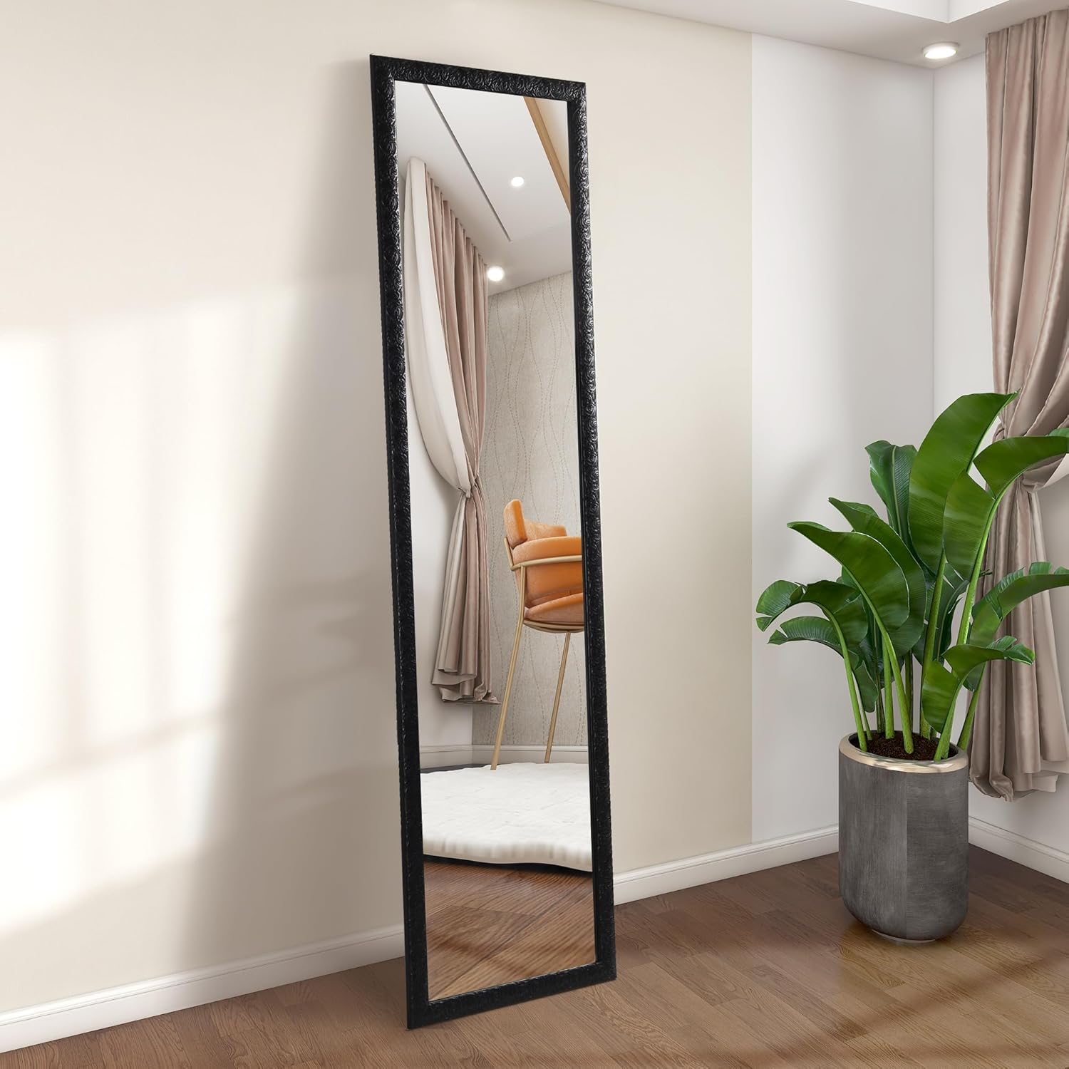 Full Length Mirror, Door Mirror with Engraving Frame, Full Body Mirror, Wall Mounted Mirror for Bedroom, Living Room, Home Decor, 50"x13.9", Black