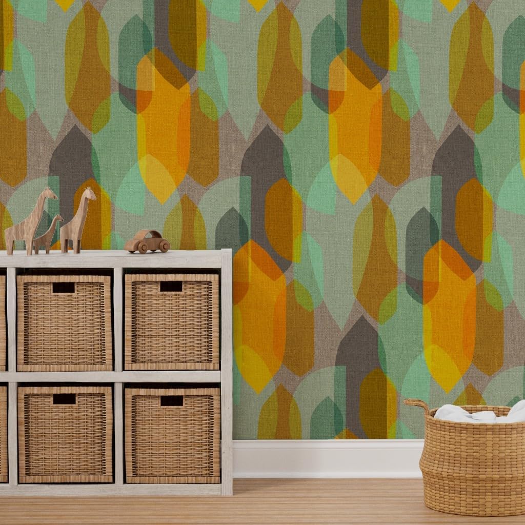 Peel & Stick Wallpaper 3ft x 2ft - Mid Century Colour Mint Gold Modern 1950S Abstract Retro Look Earth Tones 1960S Vintage Inspired Custom Removable Wallpaper by Spoonflower