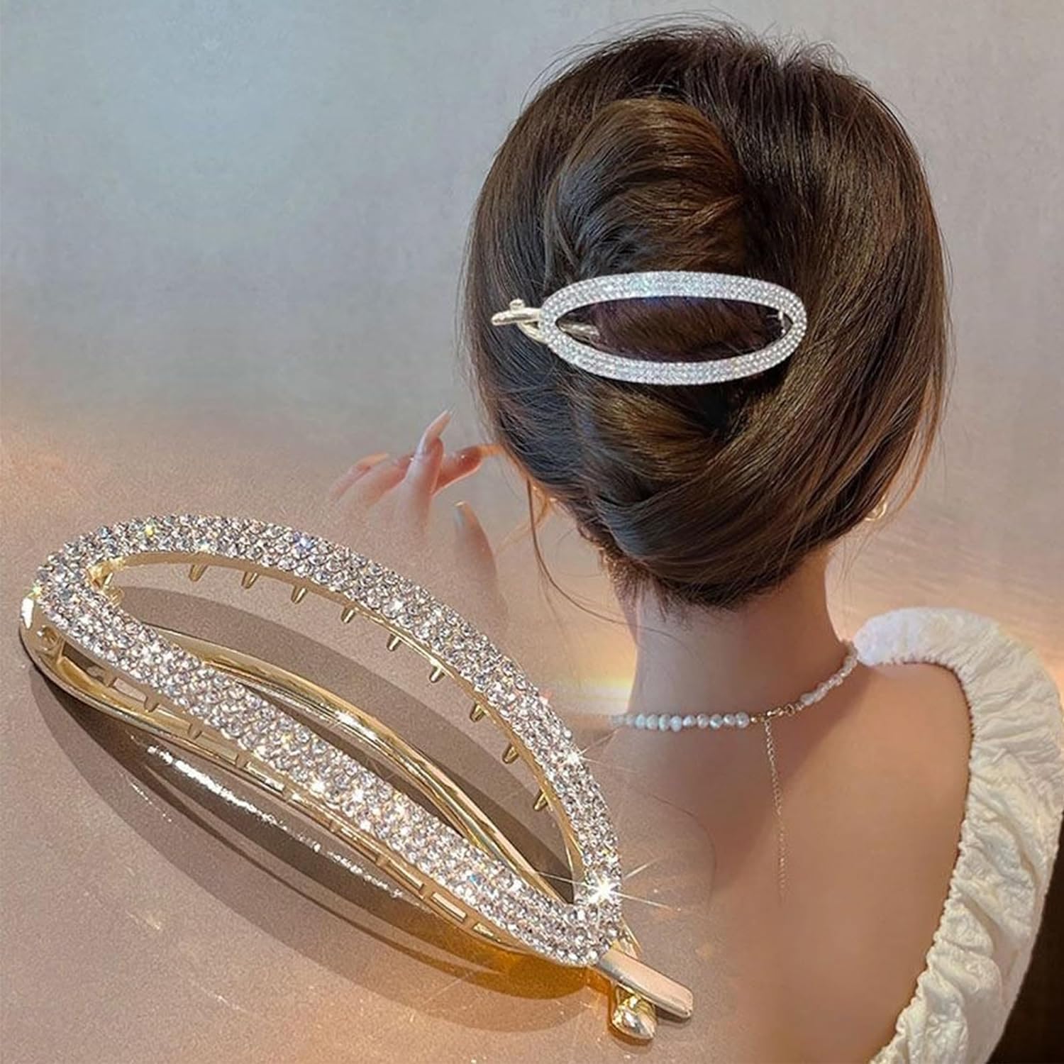 1Pcs, Sparkly Rhinestone Hair Barrettes Hair Clip - French Barrettes Clips - Elegant Barrettes for Women Hairpins Hair Accessories Golden Crystal Oval One Word Clips for Women Girls