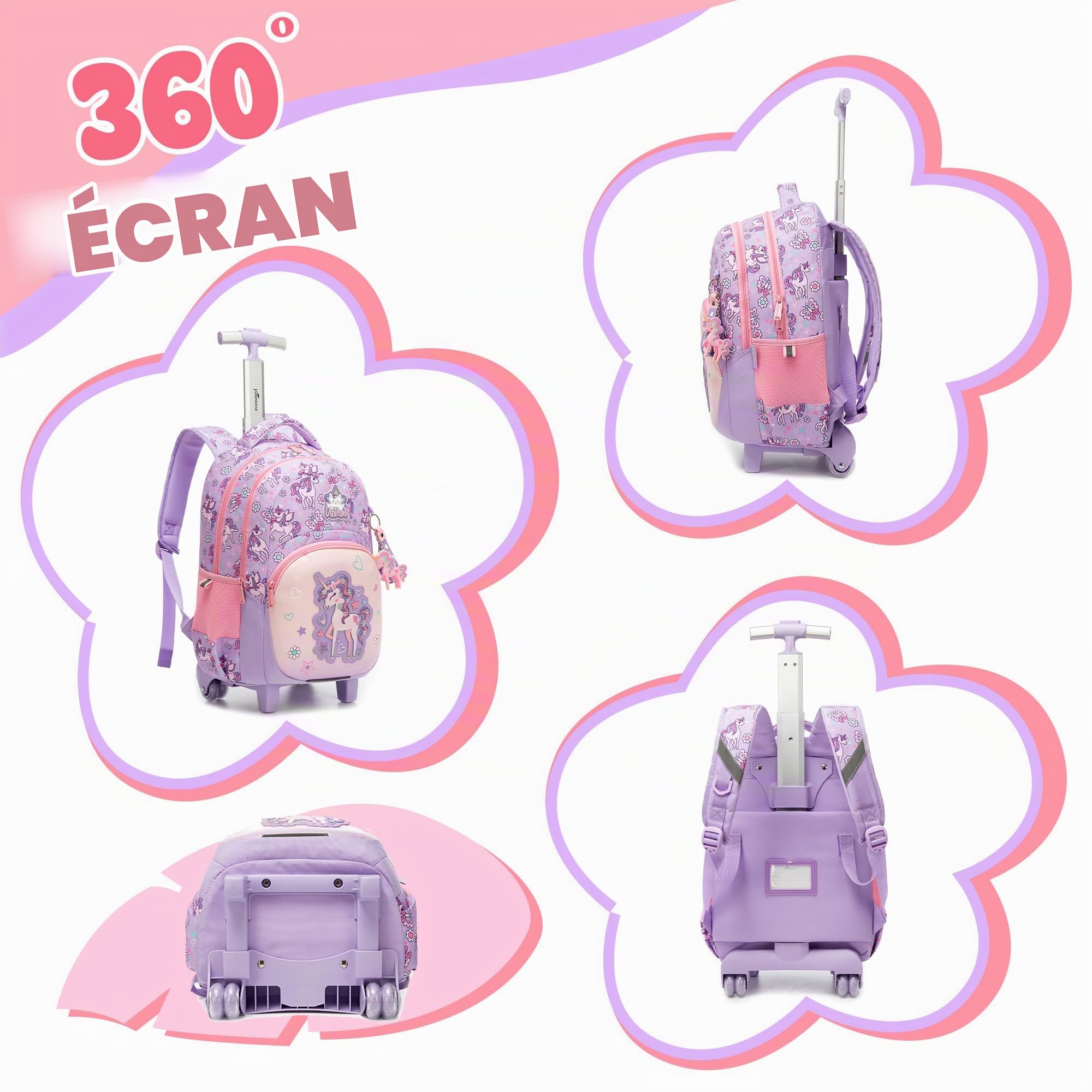 HTgroce Sac à Dos à Roulettes Fille Primaire – Ensemble 3-en-1 avec Sac à Déjeuner & Trousse – Cartable Scolaire Ergonomique (CP CE1 CE2 CM1)