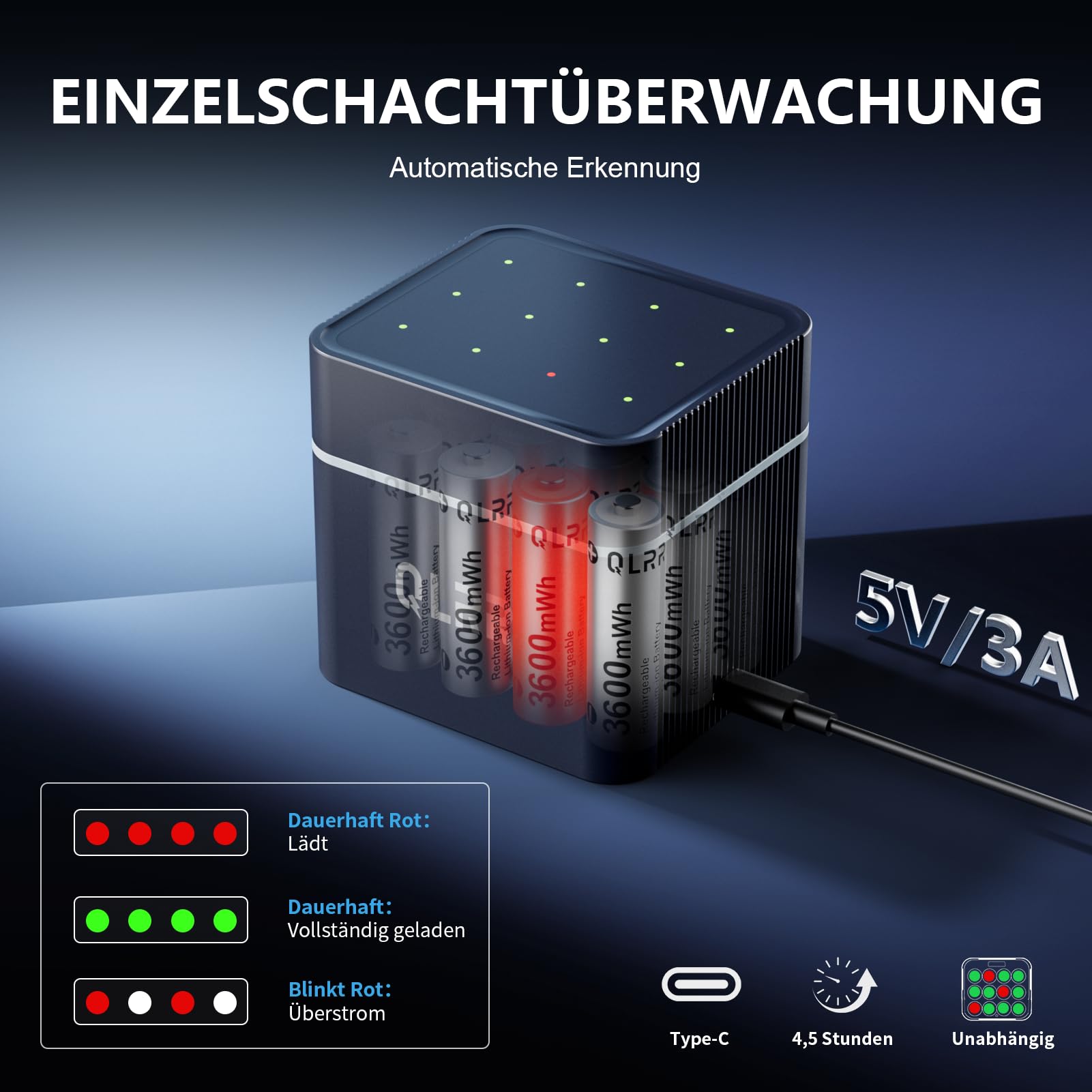 Akku AA Wiederaufladbar 12er Pack mit Ladegerät, 1,5V, 3600mWh