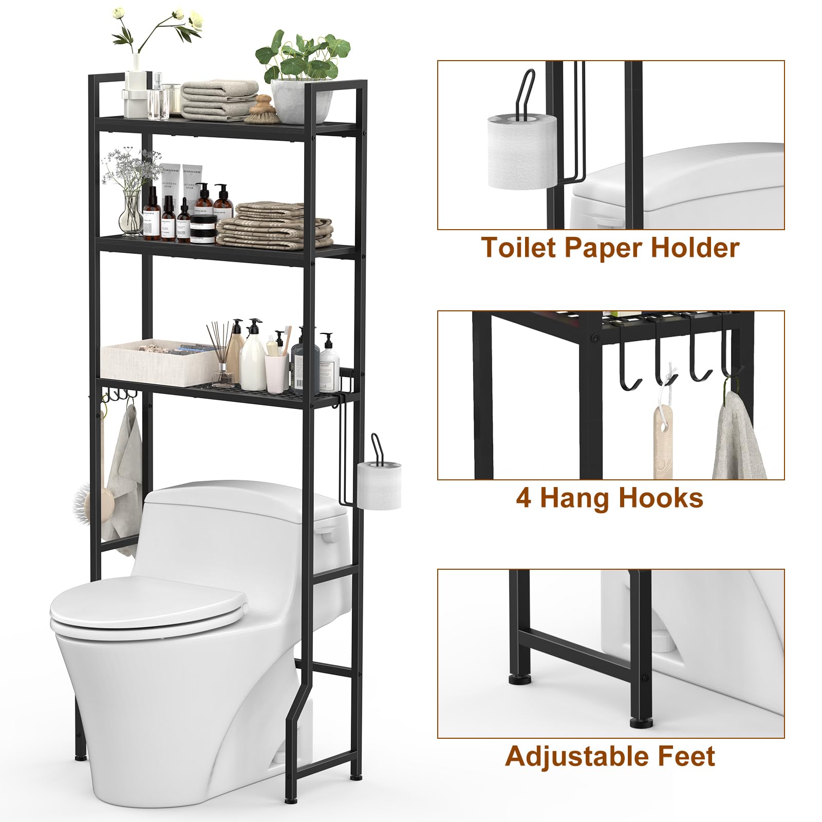 CADUKE Toilettenregal, Waschmaschinenregal mit 3-stöckiges, Badezimmerregal mit Aufbewahrungskorb und Papierhalter, Metall und Holz, 65x20x162 cm, Schwarz
