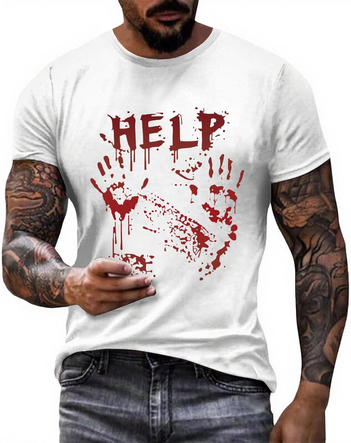 T-Shirt Uomo Halloween Con Stampa Insanguinata - Maglietta Horror Mani Di Sangue Per Costumi