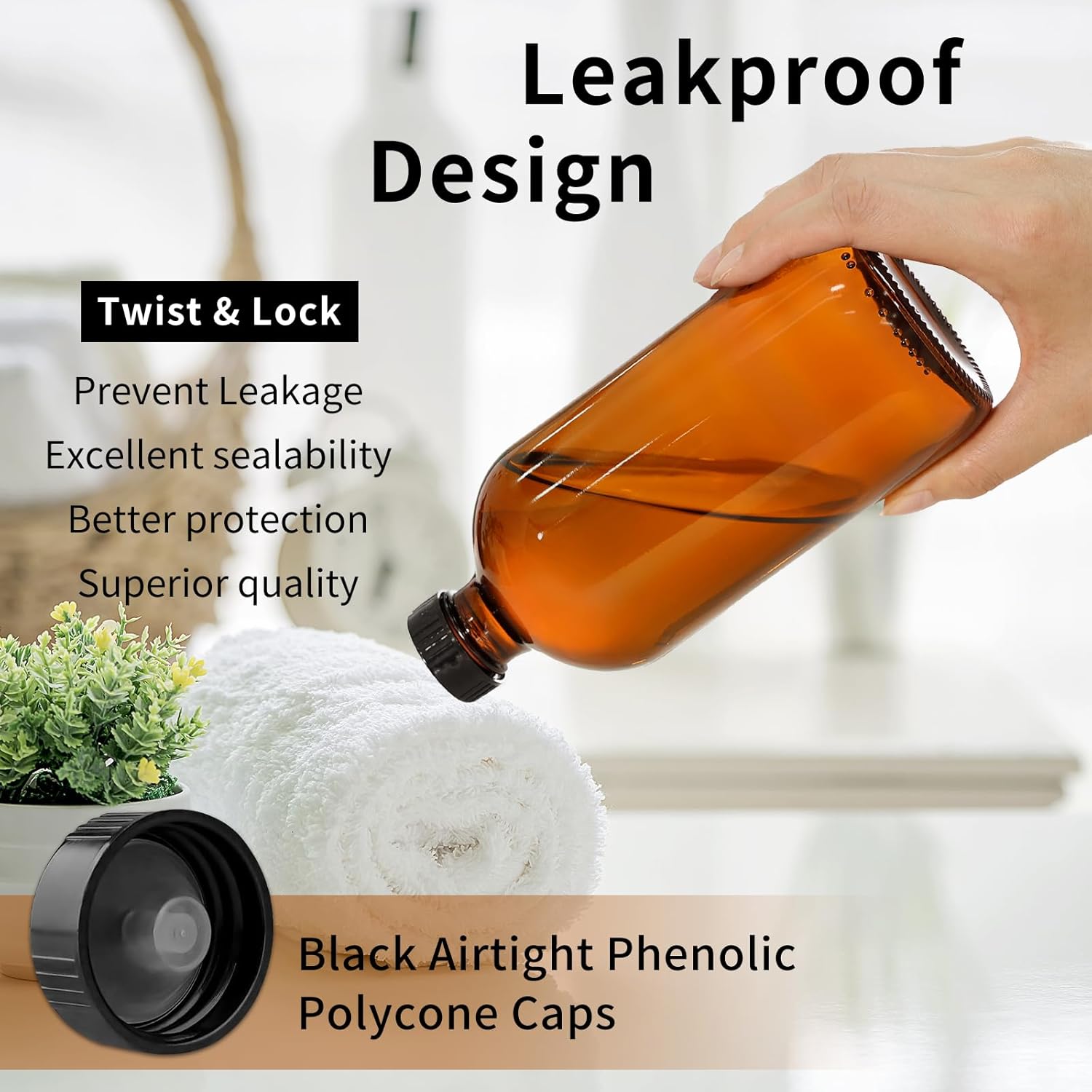 15 Pack 16oz Amber Glass Boston Round Bottles with Phenolic Polycone Caps – Airtight, Leak-Proof Brown Glass Containers for Kombucha Brewing, Storing Condiments, Essential Oils, and Homemade Solutions - Image 3