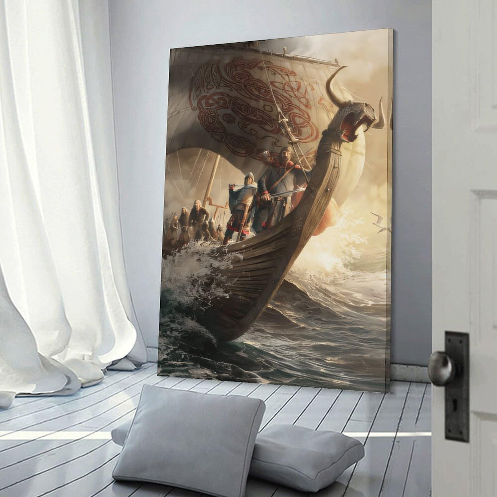 Junmoney Frame-Style-3 Viking Ship Sailing Storm Hanging Wall Art, 24X36inch(60X90cm), For Bedroom Decor, Cosy Corners Or Studios, An Easy Wall Refresh For Bedrooms