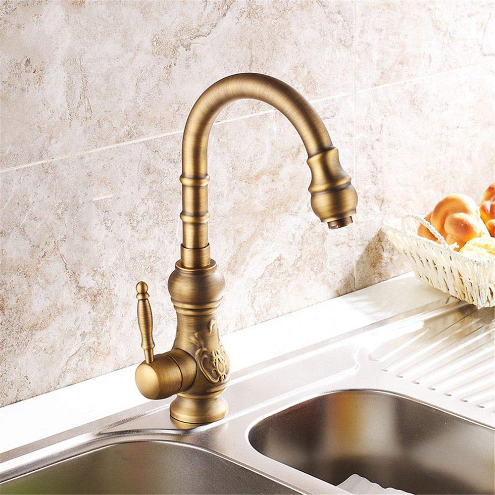 Cobre puro Retro Mezclador de agua fría y caliente Grifo de cocina Giratorio Mesa antigua Lavabo Aumento Grifo de lavabo Manija única con aireador