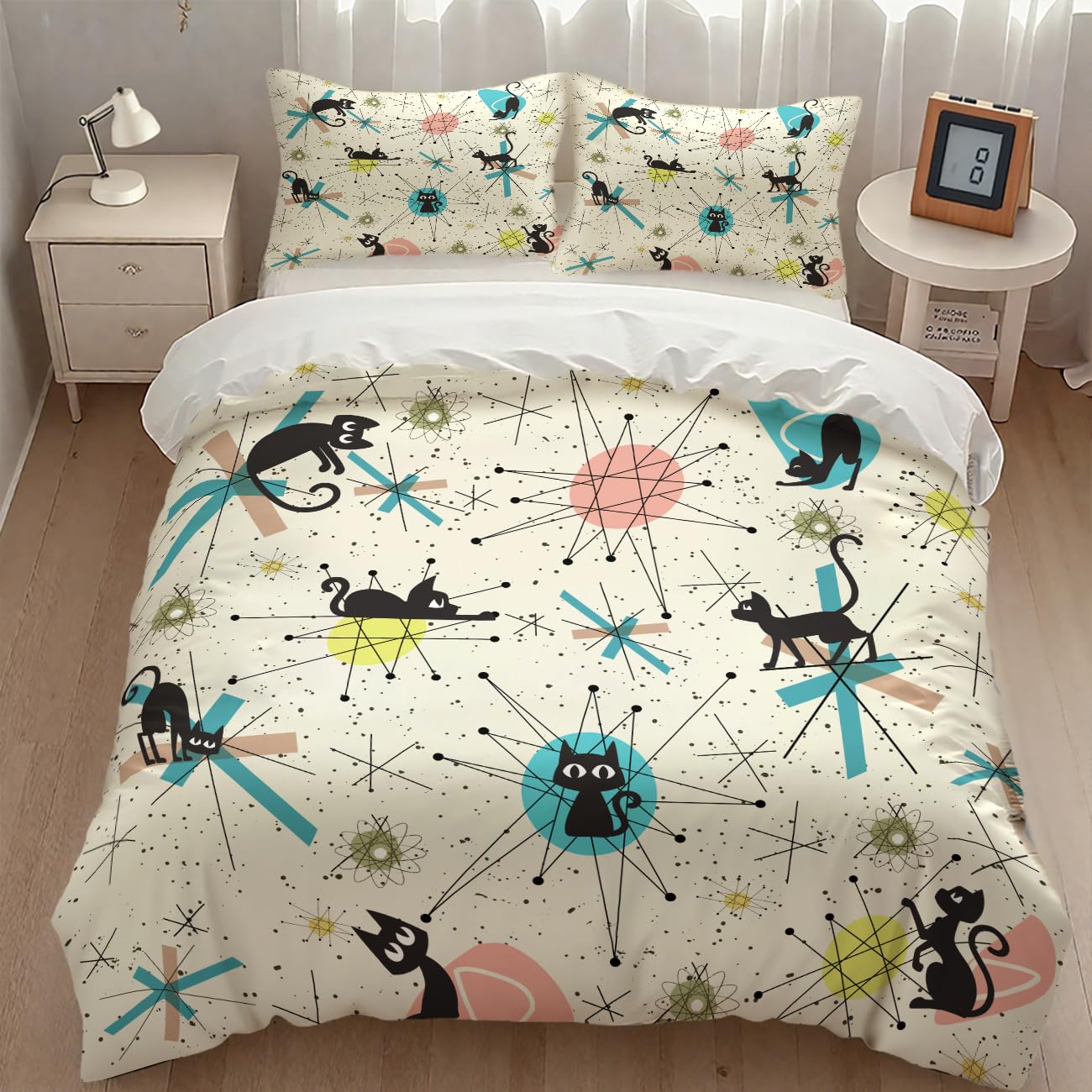 Mid Century Black Cat Comforter Set,Retro Abstract Atomic Star Pattern Cartoon Black Cat 1950s 1960s Vintage Pastel Bedding Set with Pillowcase for Bedroom Bed Decor，Twin 86"x70"