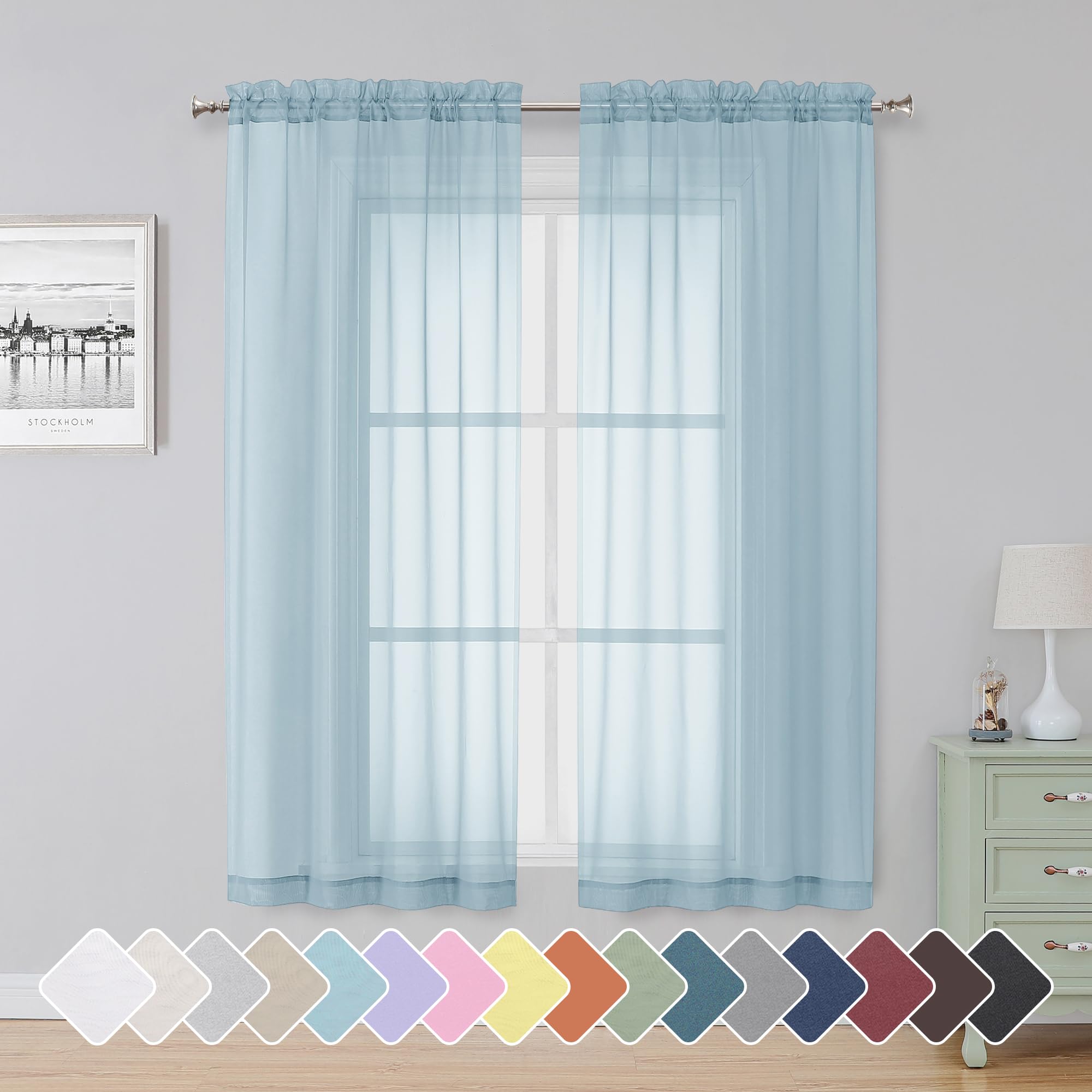 Simplebrand Sky Blue Sheer Curtains 63 Inch Length 2 Panels for Bedroom