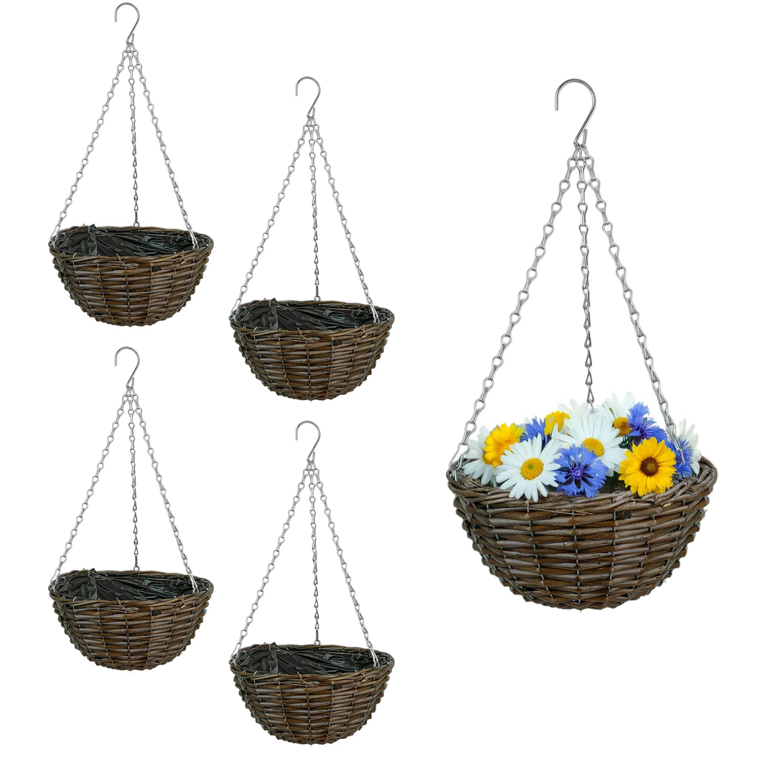 Woodside Wicker Hanging Basket 4 Pack with Plastic Liners & Hanging Chain – 30cm Durable Garden Flower Baskets for Outdoor Plants, Patio & Balcony
