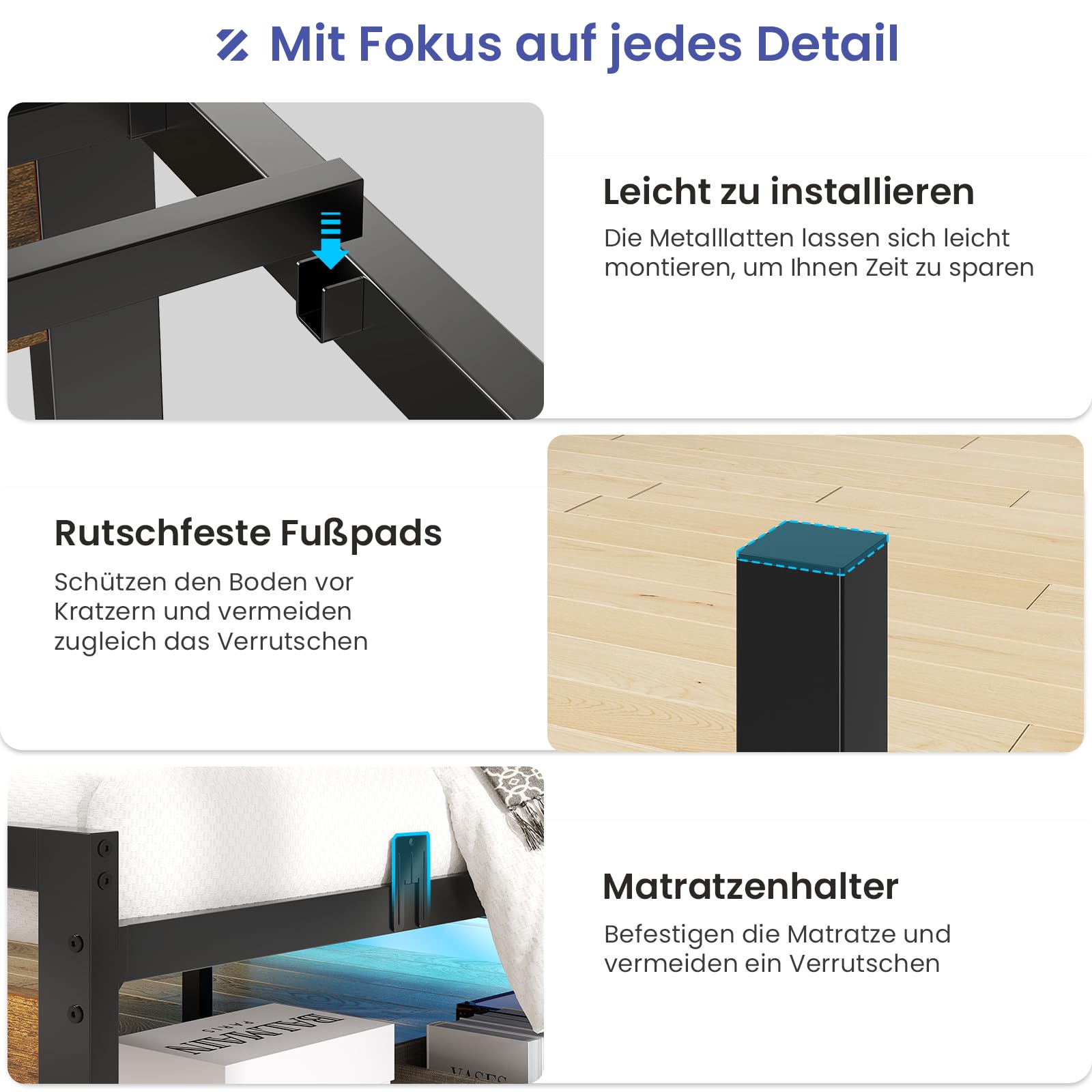 Brinlawb Bett 180x200 mit Lattenrost aus Metall, Doppelbett Bettgestell 180x200cm mit LED Beleuchtung und Ladestation (2 AC-Steckdosen, 1 USB-Anschluss und 1 Type-C-Anschluss) Metallbett mit Kopfteil