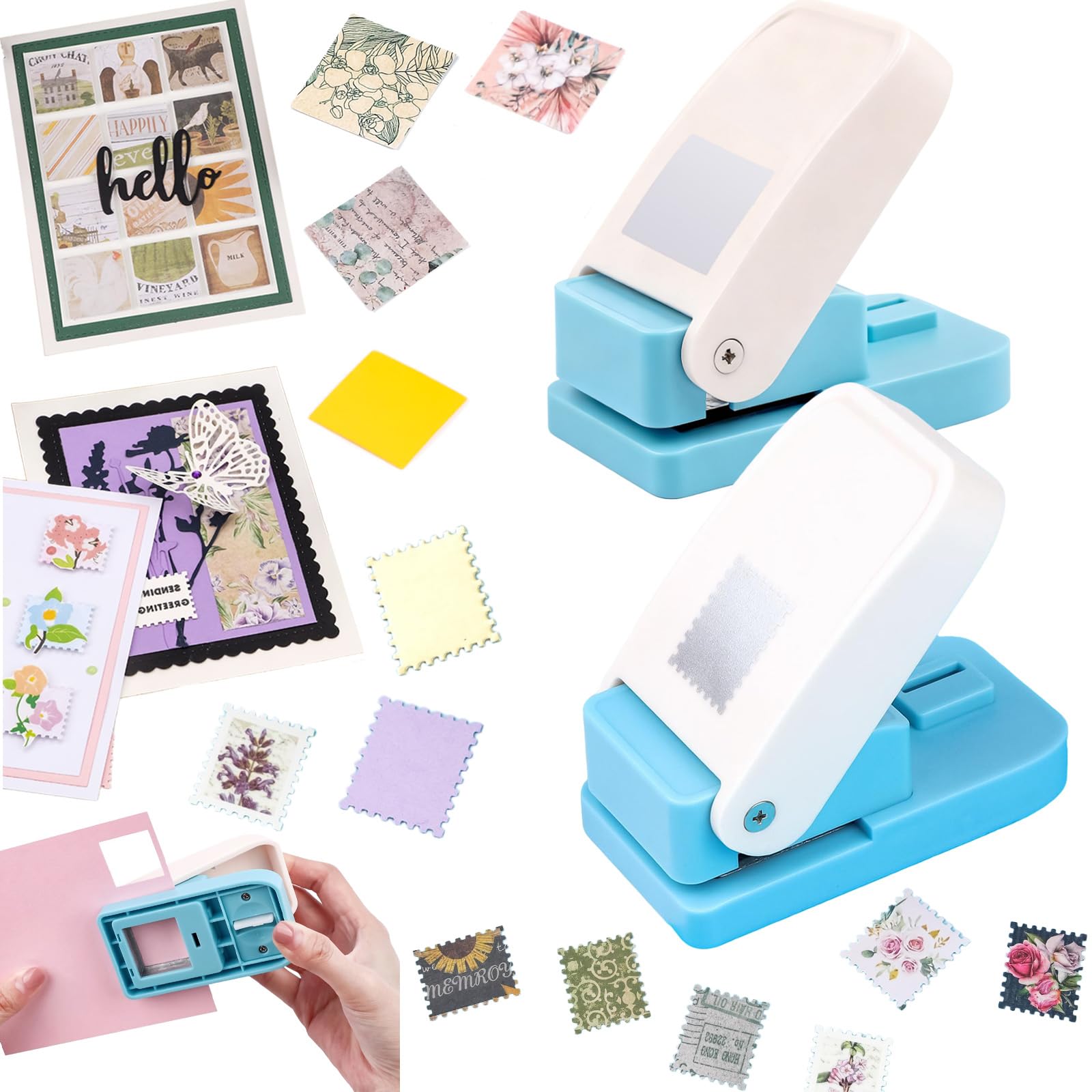 2 Pcs Craft Hole Punch, 1X0.8 inch Rectangular Postage Stamp Punches & 1" Square Hole Punches, Lever Action Puncher for Paper Crafting Scrapbooking DIY Projects Arts Crafts Supplies Scrapbook Decors — image 1
