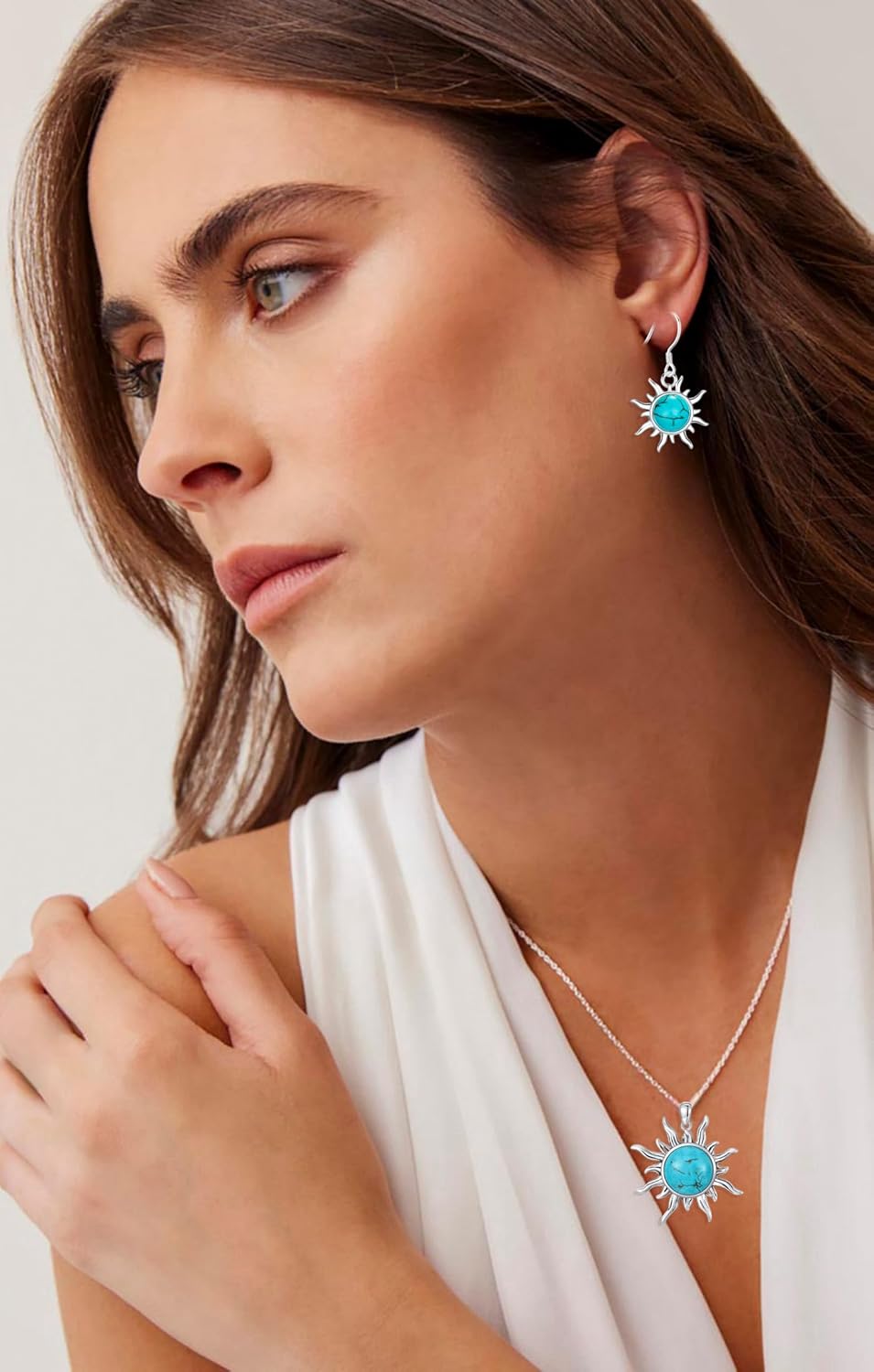 Genuine Sun Turquoise Jewelry Set for Women, Sterling Silver Native American Neckace and Dangle Earings Western Jewelry Birthdays Gift - Image 4