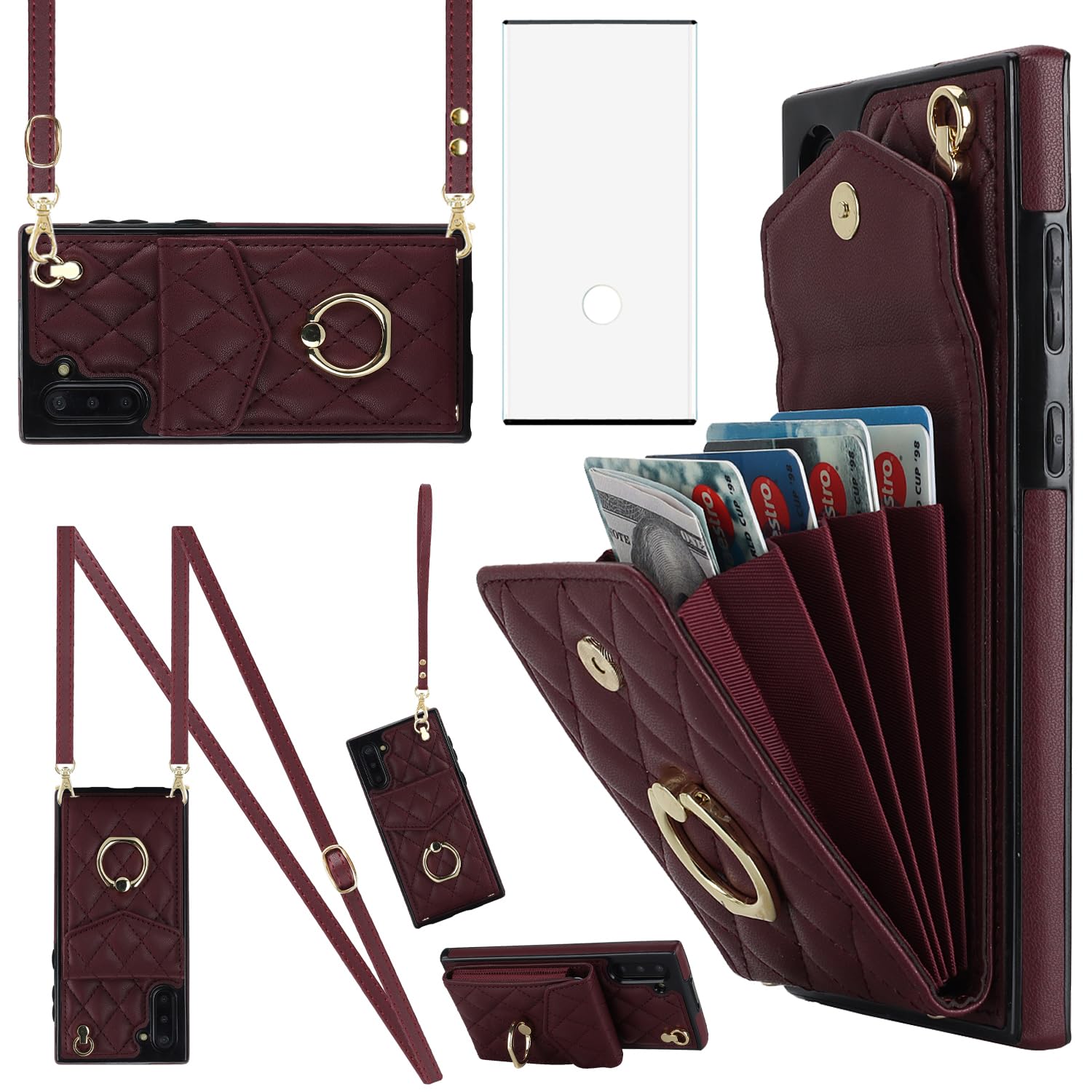 Asuwish Phone Case for Samsung Galaxy Note 10 5G Wallet Cover with Tempered Glass Screen Protector and Wrist Strap Ring RFID Blocking Card Holder Cell