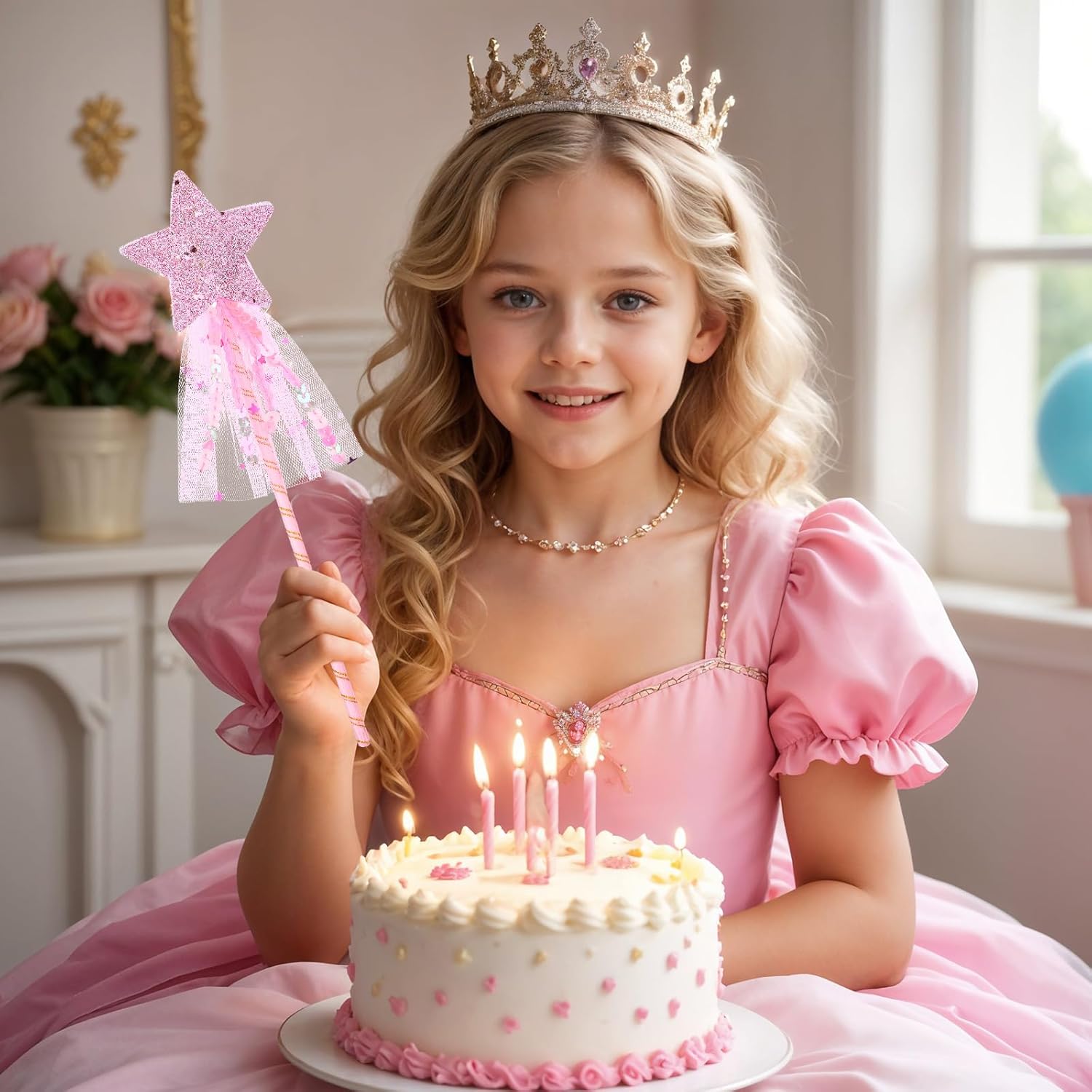 24 Pcs Glitter Star Magic Wand Princess Wand Fairy Angel Star Stick for Halloween Birthday Wedding Princess Dress up Role Play Party Supply Favor, Pink Purple Gold Blue