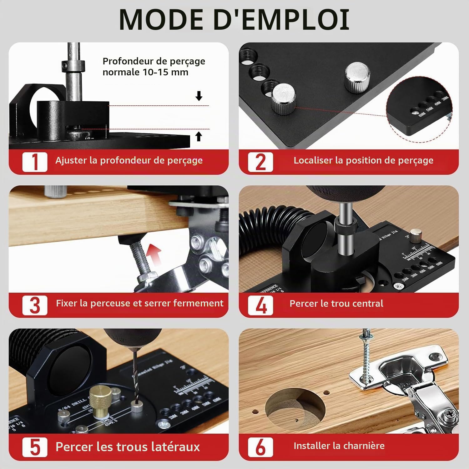 Gabarit de Charnière Invisible en Métal 35 mm, Gabarit de Perçage pour Charnière de Porte avec Serrage Rapide et Adaptateur d’Aspiration, Gabarit de Perçage pour Charnière d’Armoire