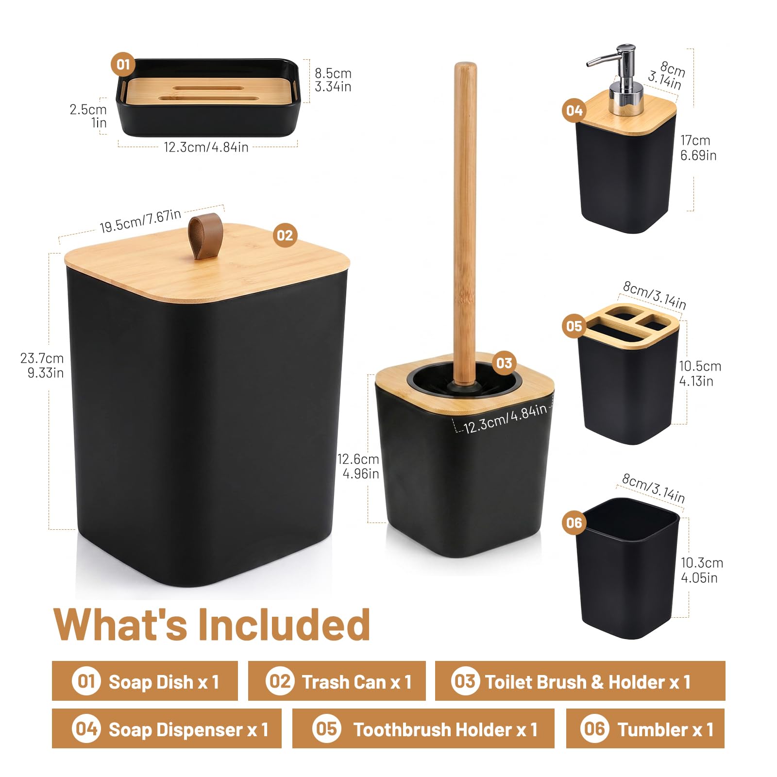 6 teilig Badezimmer Zubehör Set Modern - Badezimmerset Bambus Luxuriösem Kunststoff - Badezimmer Set mit Seifenspender Zahnputzbecher Becher WC Bürste Seifenschale Mülleimer (Schwarz)