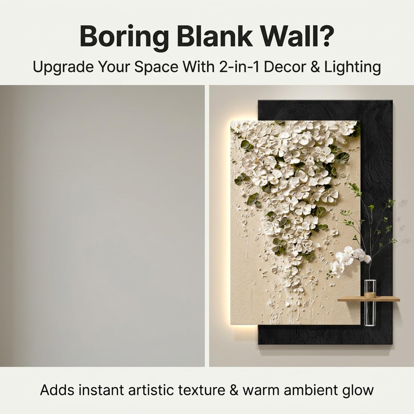 3D LED Wandbild mit Sandstein Relief, moderne Wanddekoration mit Vase | Handgefertigte Sandsteinoptik, integrierte Hydrokultur-Vase, dimmbare LED-Beleuchtung(A,39*59IN_LED+MOTION)
